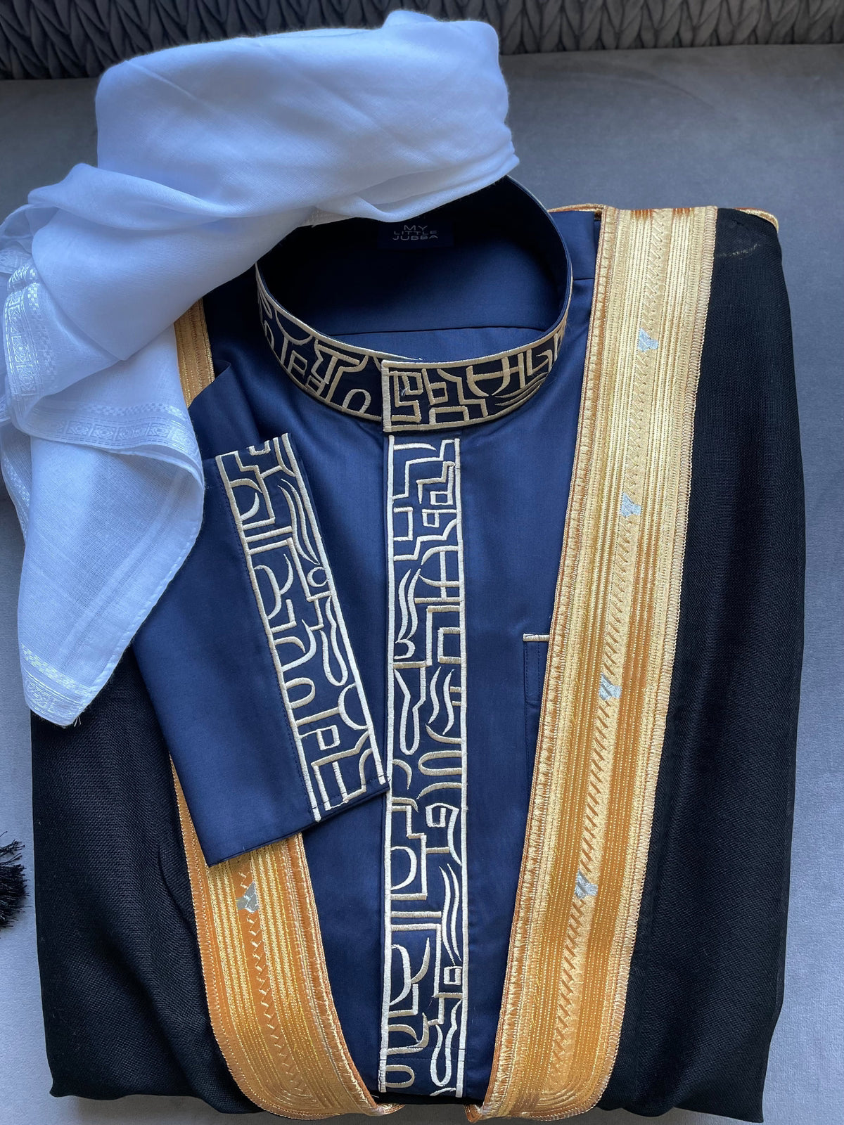 Premium Men's Blue Thobe with Gold Embroidery - 3 Piece Traditional Islamic Outfit Set for Eid, Wedding & Special Occasions