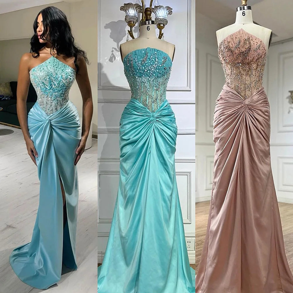 Elegant Blue Split Mermaid Evening Gown with Beaded Details - Luxury Arabic Dubai Style Wedding Dress for Women - Perfect for Formal Parties, Galas & Special Occasions