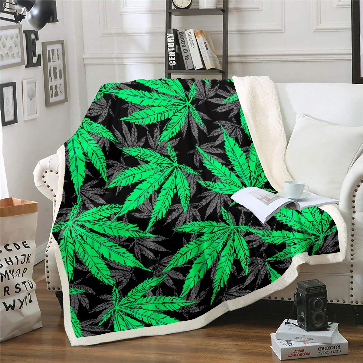 Cannabis Leaves Sherpa Blanket - Soft Marijuana Leaf Fleece Throw Blanket for Adults & Kids - Hemp Botanical Plush Blanket (87x95 Inch, King Size) - Perfect for Sofa, Bed, Couch & Cozy Home Decor