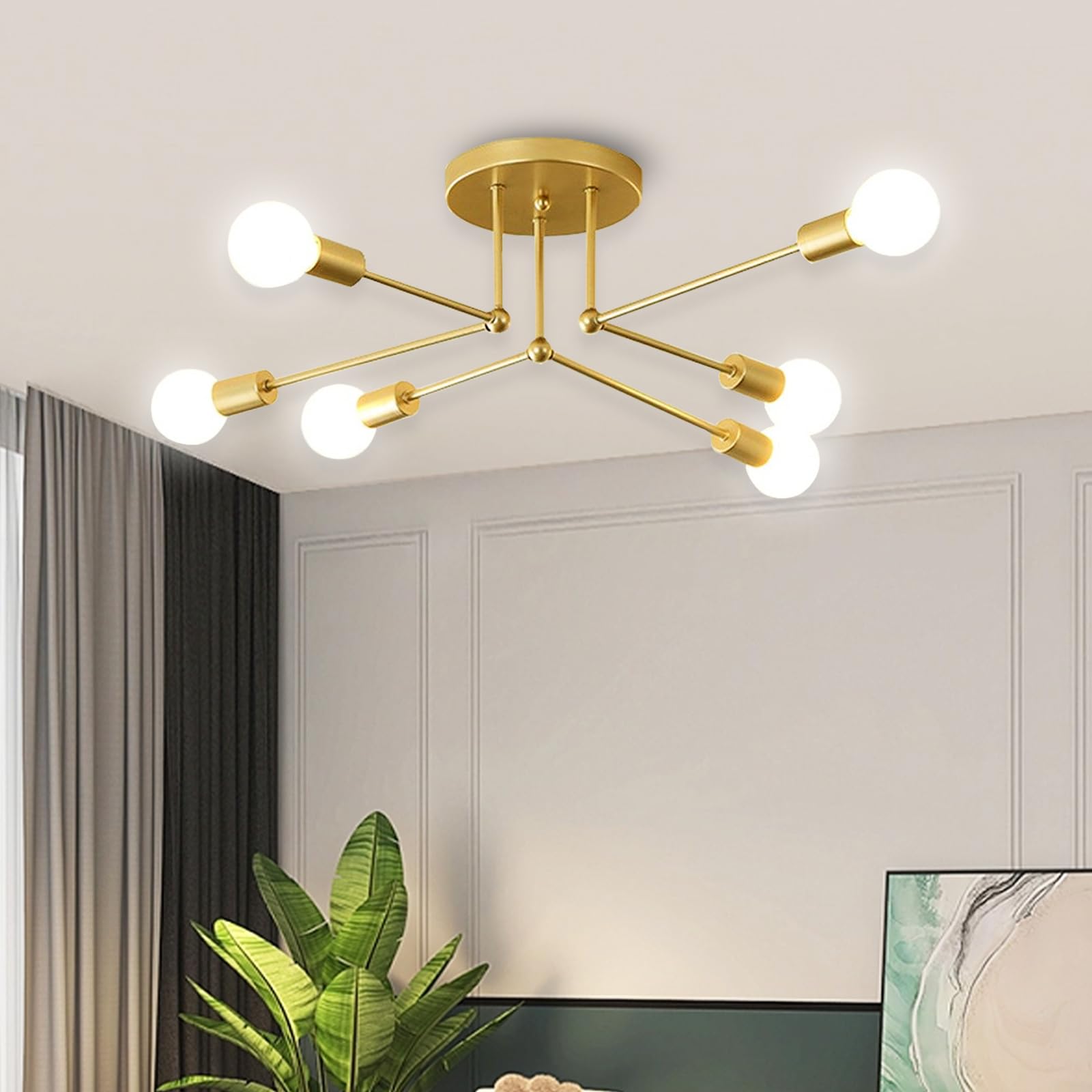 Vintage Ceiling Light Fixture - 6 Bulb E27 Retro Chandelier in Gold Finish, Antique Style Hanging Lamp for Bedroom, Living Room, Kitchen, Dining Room - Perfect for Creating Warm Ambiance in Classic Home Decor (Bulbs Not Included)