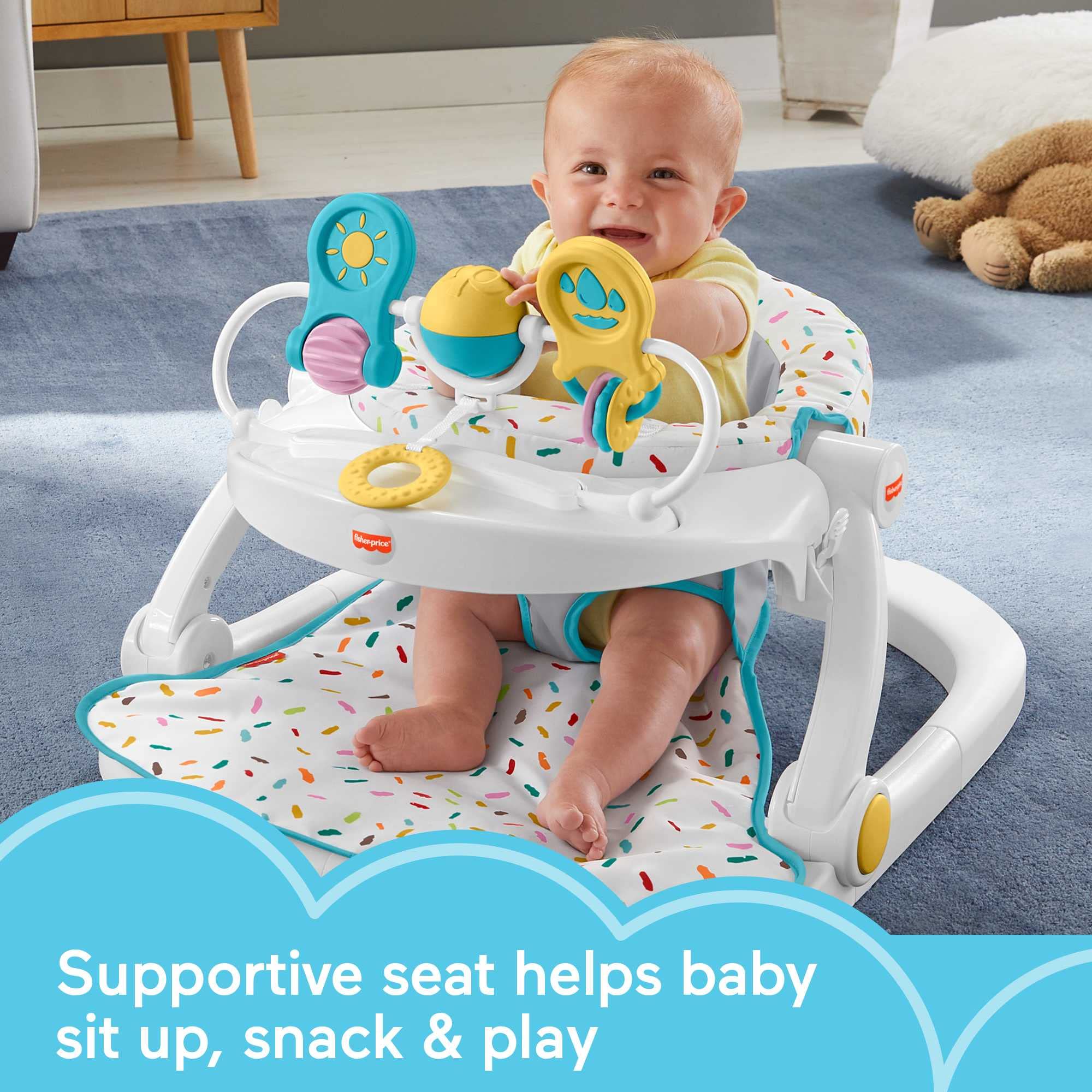 Fisher-Price Deluxe Sit-Me-Up Floor Seat for Babies - Portable Baby Chair with Removable Snack Tray & Toy Bar | Tummy Time Wedge & Sensory Toy for Newborns & Infants | Perfect for Playtime, Feeding & Developmental Activities at Home or Travel