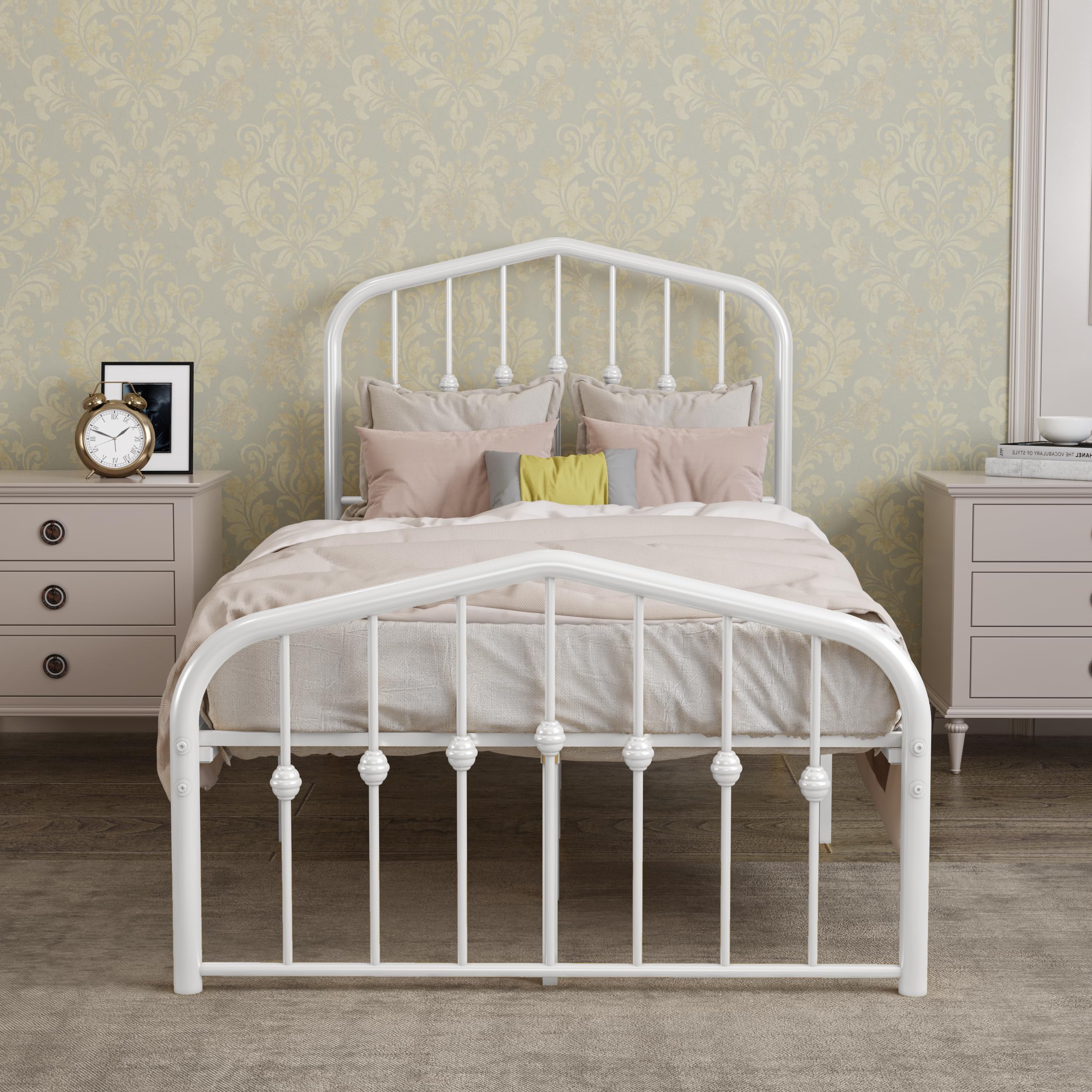 Premium Metal Bed Frame Twin Size - No Box Spring Needed, Vintage Headboard & Footboard, Sturdy Steel Slat Support Mattress Foundation in White - Perfect for Guest Rooms, Kids' Rooms & Small Apartments