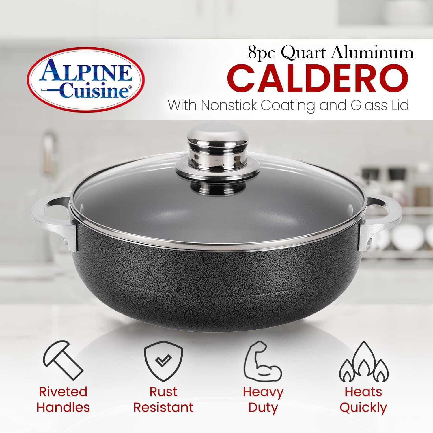 Alpine Cuisine 8-Piece Aluminum Non-Stick Caldero Stock Pot Set (2, 3.5, 7, 13 Quart) - Heavy Duty Cookware for Home Kitchen & Professional Chefs - Multipurpose Dutch Oven for Soups, Stews, Rice, Pasta & Braising - Perfect for Family Dinners, Meal Prep & Catering Events