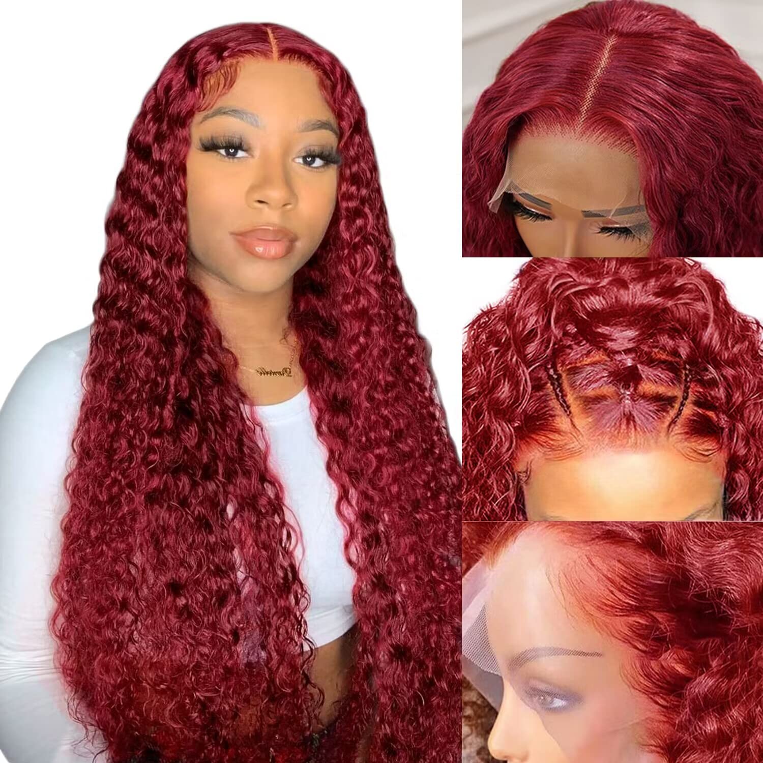 13x4 99J Burgundy Deep Wave Lace Front Wig - 150% Density Human Hair Wig with Baby Hair & Pre-Plucked Hairline for Women | Natural Red Colored Deep Curly Wigs for Daily Wear, Parties & Special Occasions