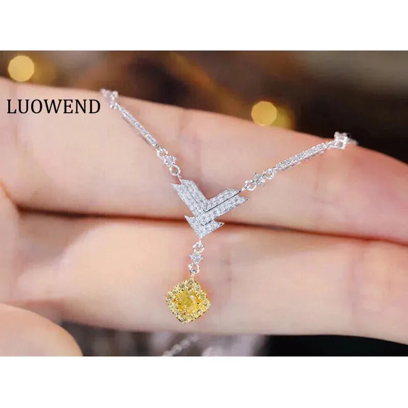 18K White Gold Y-Shaped Diamond Pendant Necklace for Women - Elegant Real Natural Yellow Diamond Jewelry Gift for Anniversary, Birthday & Special Occasions