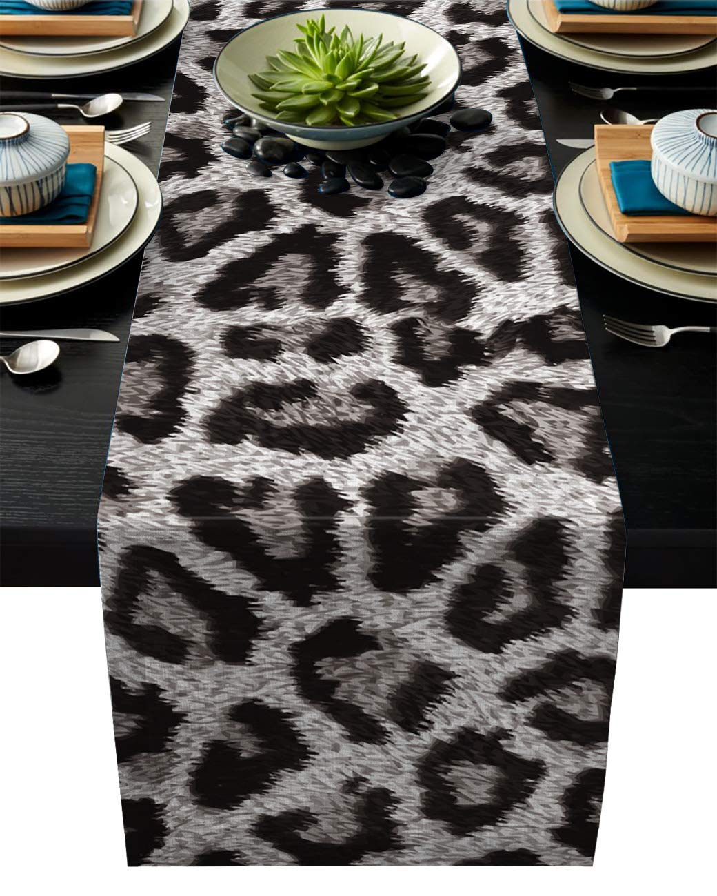 Vandarllin Cotton Linen Table Runner - 13x70 Inch Leopard Print Non-Slip Burlap Dresser Scarf - Rectangle Table Setting Decor for Wedding, Party, Holiday Dinner - Black Grey White - Perfect for Home Decor, Dining Room Centerpiece, and Special Occasions