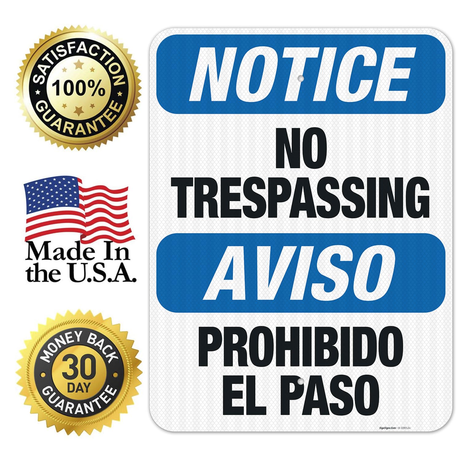 Bilingual No Trespassing Sign - OSHA Approved 18x24 Inch Aluminum Sign with 3M EGP Reflective Surface | Fade Resistant for Indoor & Outdoor Use | Made in USA | Perfect for Construction Sites, Warehouses & Property Security