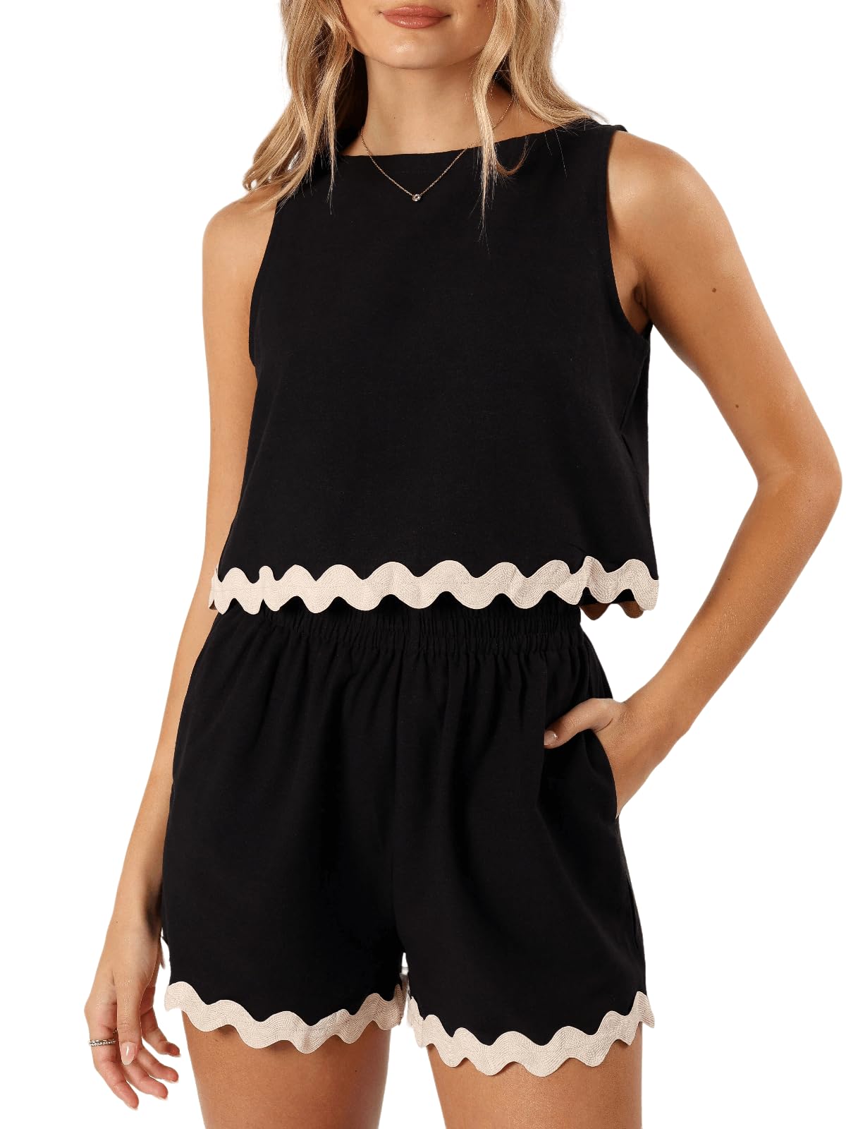 Tankaneo Women's 2-Piece Vacation Outfit Set - Lounge Set with Cropped Tank Top & Shorts | Casual Summer Matching Outfit for Beach, Travel & Relaxation