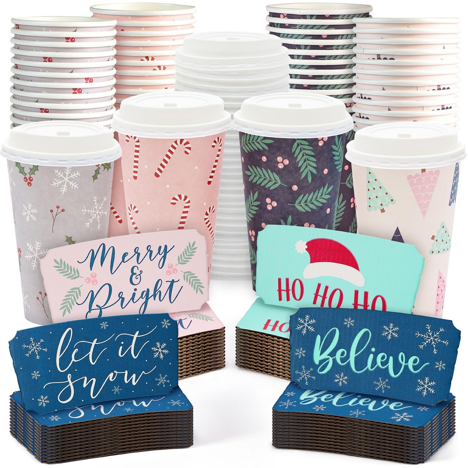 48-Piece Disposable Christmas Coffee Cups Set with Lids & Sleeves - 16oz Holiday Paper Cups for Tea, Coffee & Hot Cocoa - 4 Festive Xmas Designs - Perfect for Parties, Office Celebrations & Family Gatherings