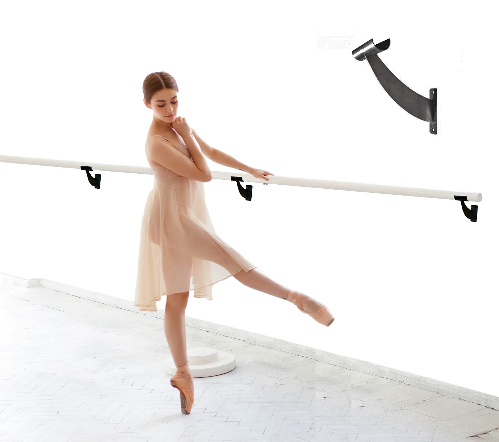 8 FT Black Wooden Ballet Barre for Kids & Adults - Wall Mounted Fixed Height Dance Bar with Open Bracket (1.5