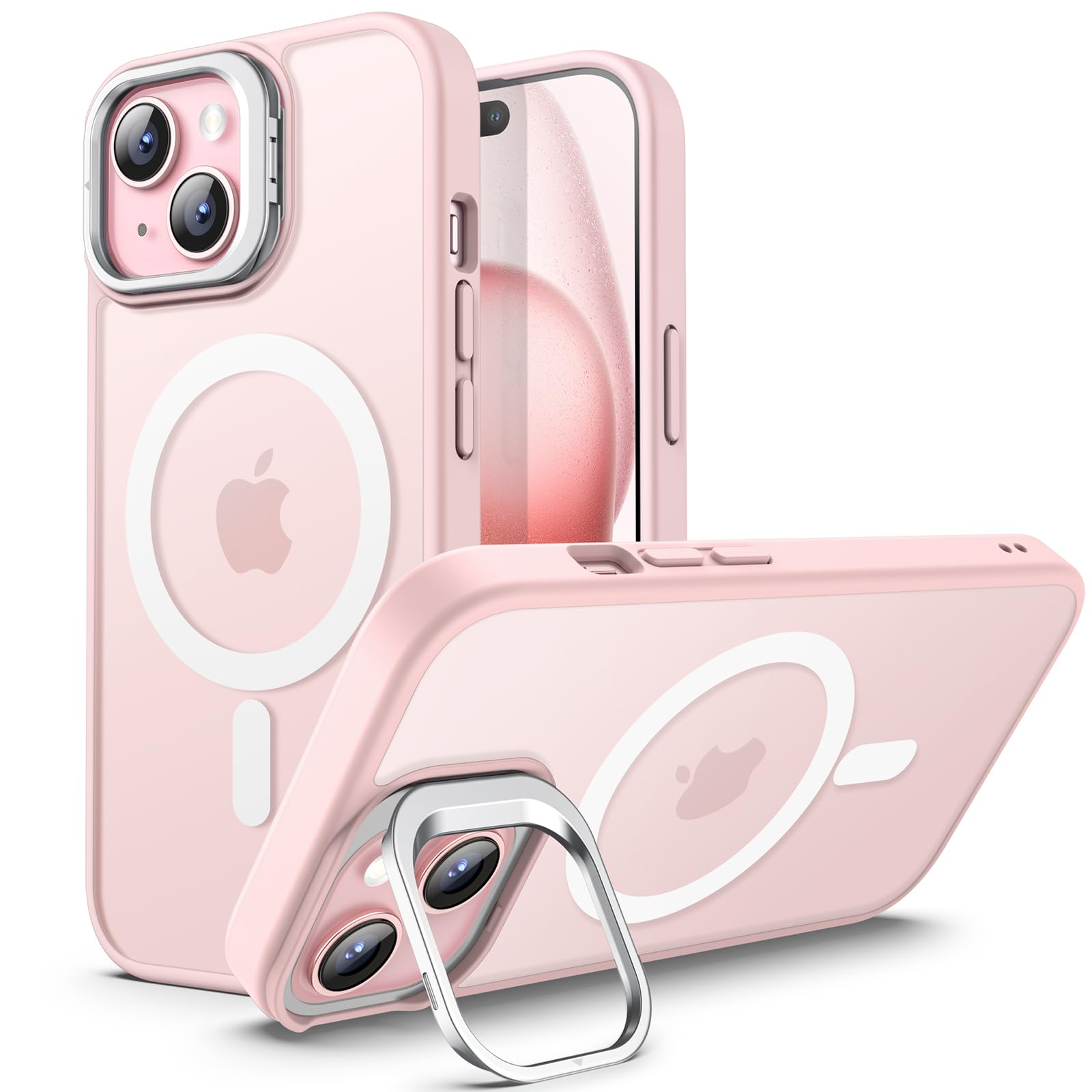 JETech MagSafe Compatible Kickstand Case for iPhone 15 Plus 6.7-Inch - Translucent Matte Magnetic Slim Shockproof Phone Cover with Adjustable Camera Stand (Pink) - Perfect for Work, Travel & Hands-Free Viewing