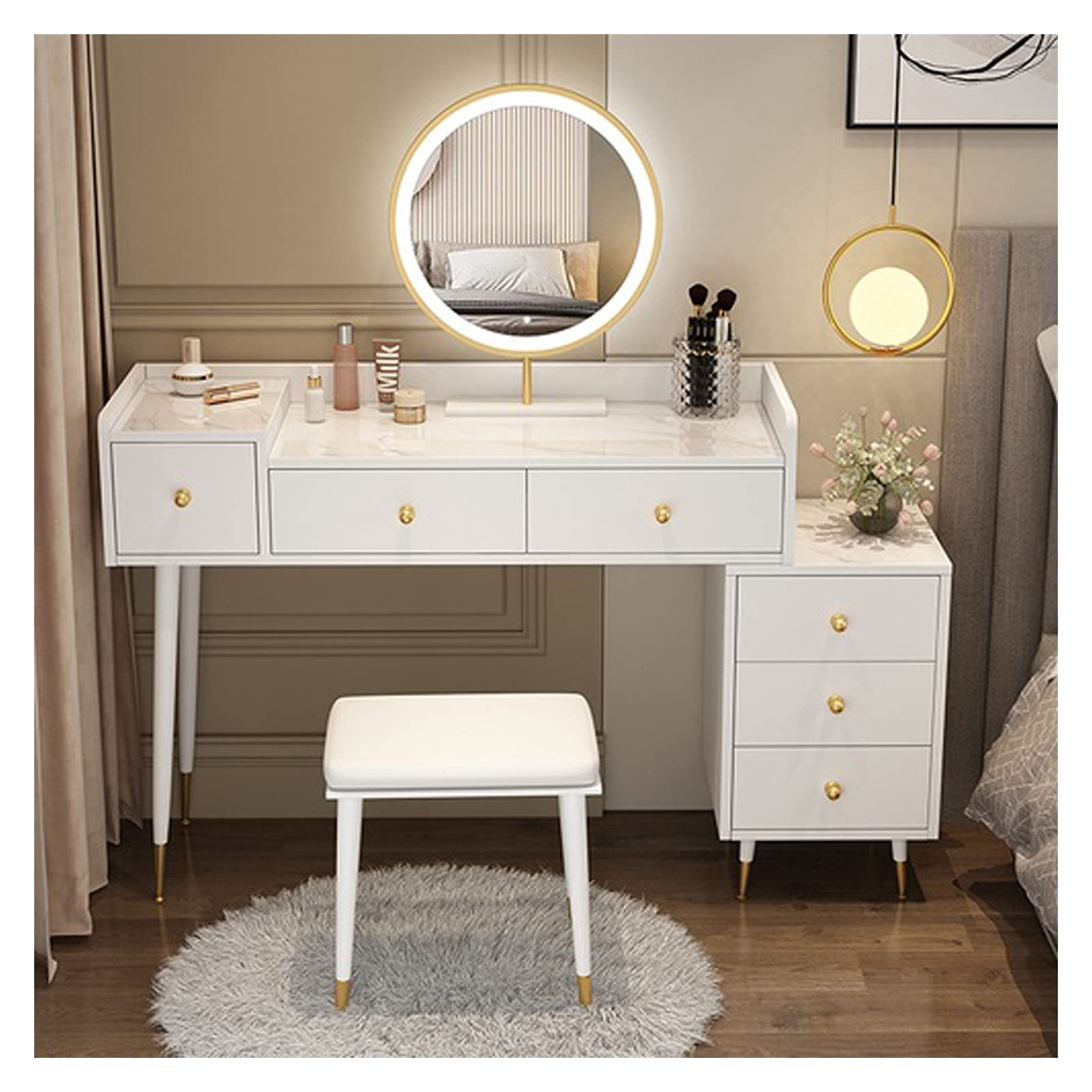 Luxury Modern Makeup Vanity Desk with Storage Shelf & Organizer - White Dressing Table for Bedroom & Apartment (Stool Not Included) | Perfect for Beauty Routine, Cosmetics Organization & Small Space Decor