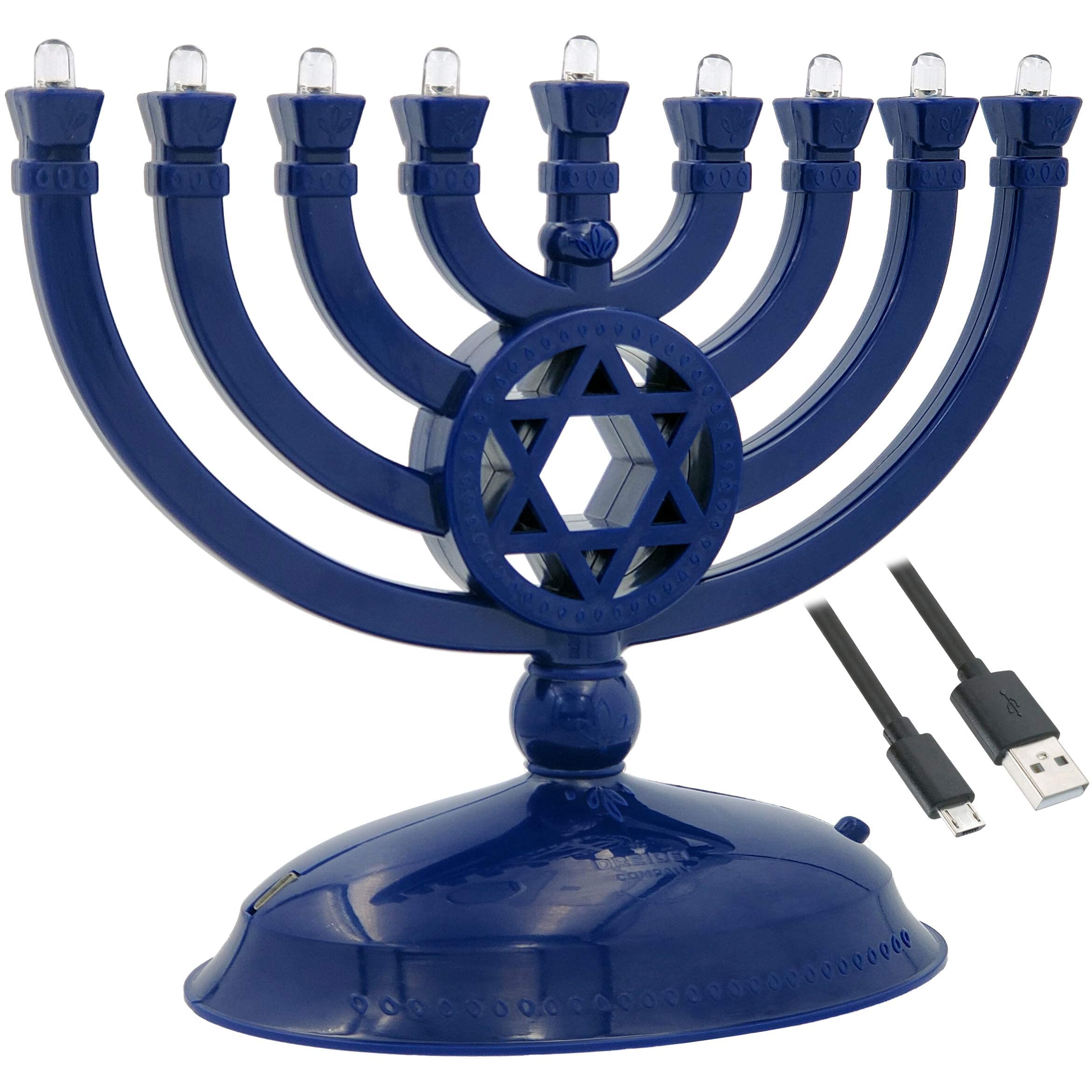 Mini Electric LED Menorah - USB & Battery Powered Hanukkah Travel Menorah with 4' Micro USB Cable (Blue) - Perfect for Home, Office & Holiday Decorations