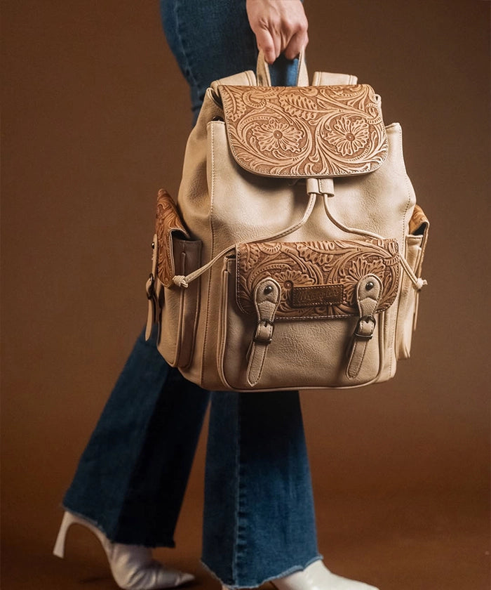 Wrangler Floral Tooled Concealed Carry Backpack for Women & Men - Tactical EDC Hiking Daypack with Hidden Gun Pocket - Perfect for Outdoor Adventures, Travel & Everyday Use