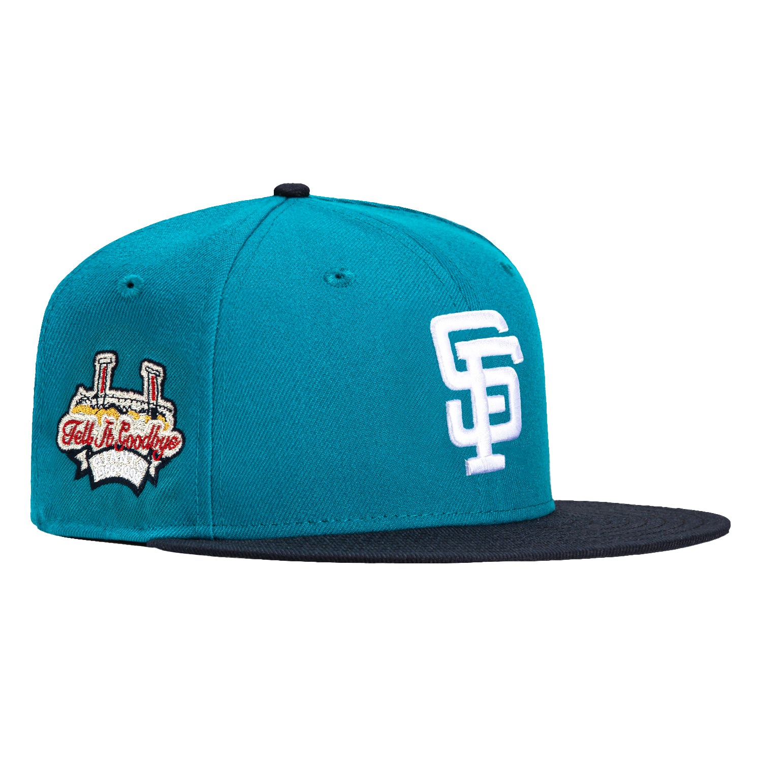 New Era 59Fifty San Francisco Giants MLB Baseball Cap with Tell It Goodbye Patch - Teal, Navy & White Adjustable Snapback Hat for Men & Women - Perfect for Baseball Games, Streetwear & Sports Fan Gifts