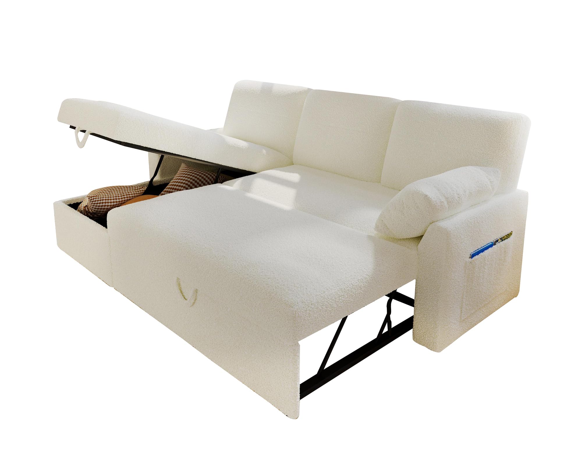 VanAcc Sleeper Sofa Bed - 2-in-1 Convertible Pull Out Couch with Storage Chaise | White Sherpa Fabric | Space-Saving Living Room Furniture for Small Apartments & Guest Rooms
