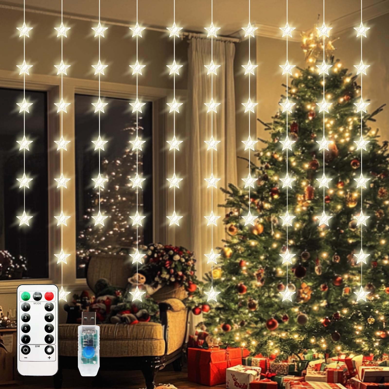 70 LED Star Curtain Lights Warm White - Remote Control Fairy Twinkle String Lights for Window, Bedroom, Wall & Ceiling Decor - Perfect for Christmas, Wedding, Party & Birthday Celebrations - Create Magical Ambiance for Indoor & Outdoor Events