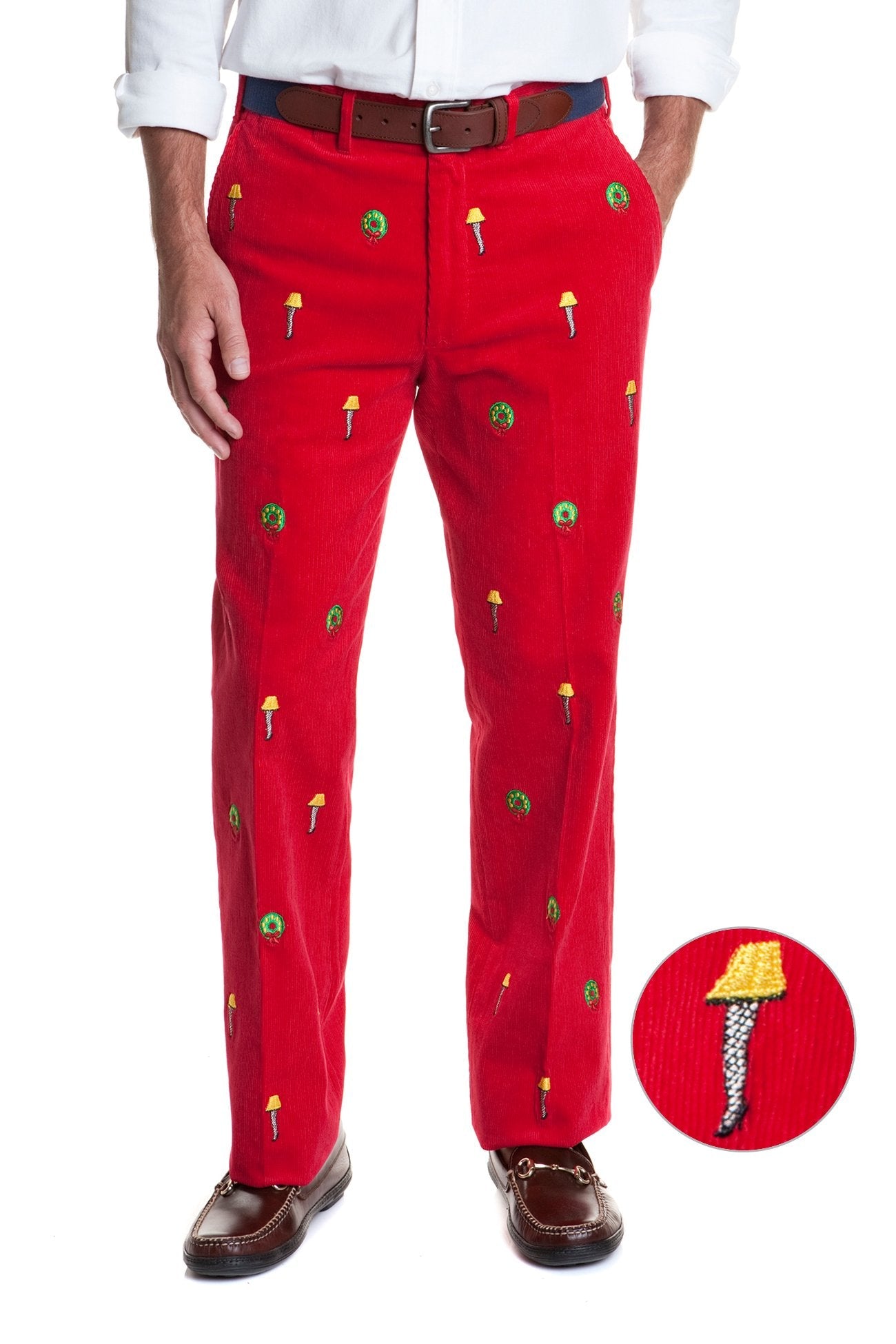 Beachcomber Corduroy Pants for Men - Crimson Red Casual Trousers with Leg Lamp Design | Perfect for Fall Fashion, Outdoor Adventures & Holiday Parties