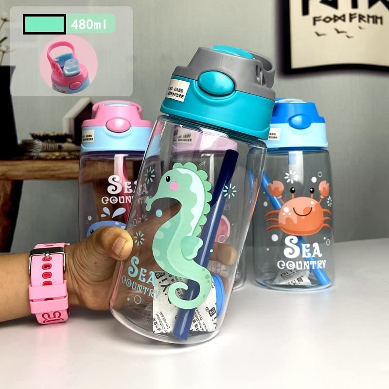 Tees & Co. Kids Plastic Water Bottle 16oz with Spout & Straw - Leak Proof, Built-in Carrying Loop for School, Sports, Travel & Outdoor Activities - BPA Free Reusable Water Container (Sea Horse Design)