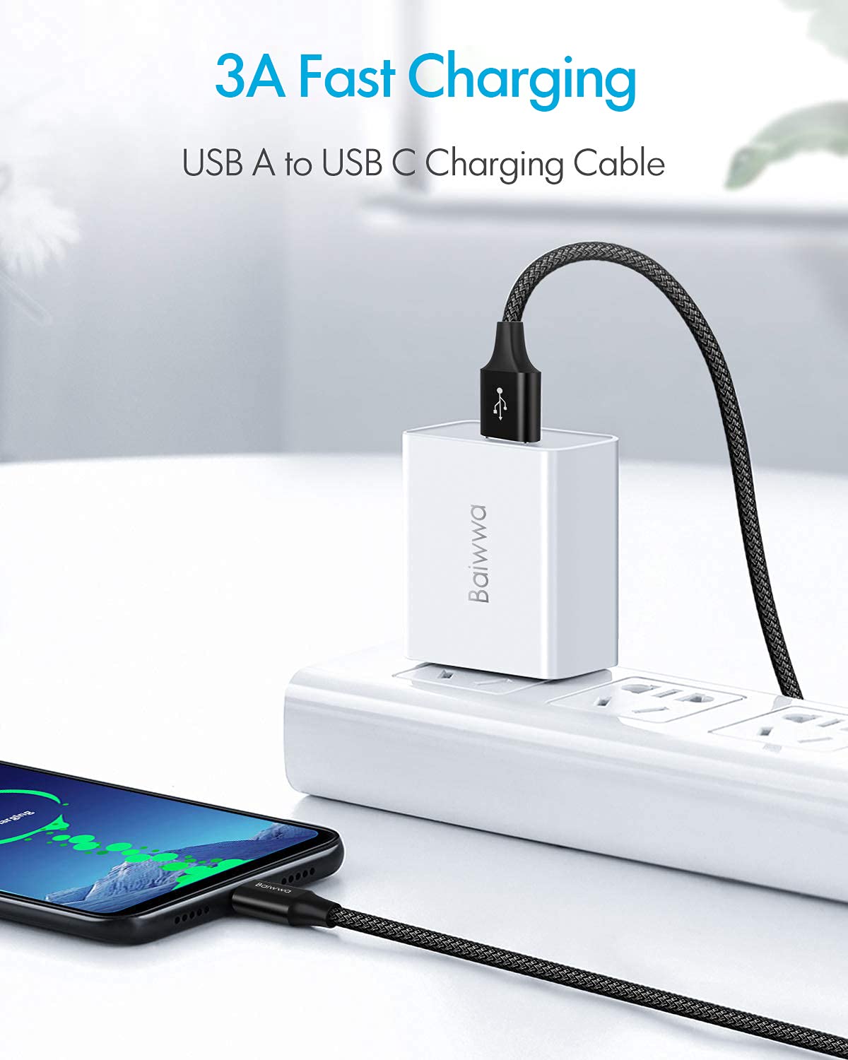 Baiwwa 2-Pack 3ft USB C to USB A Fast Charging Cable 3A Nylon Braided - Compatible with iPhone 16/15 Pro Max/Plus, Samsung Galaxy S24/S23/S22/S21/S20/Note 20/10, Pixel 8/7 XL/7a/8 Pro - Perfect for Car Play, Home & Office Charging