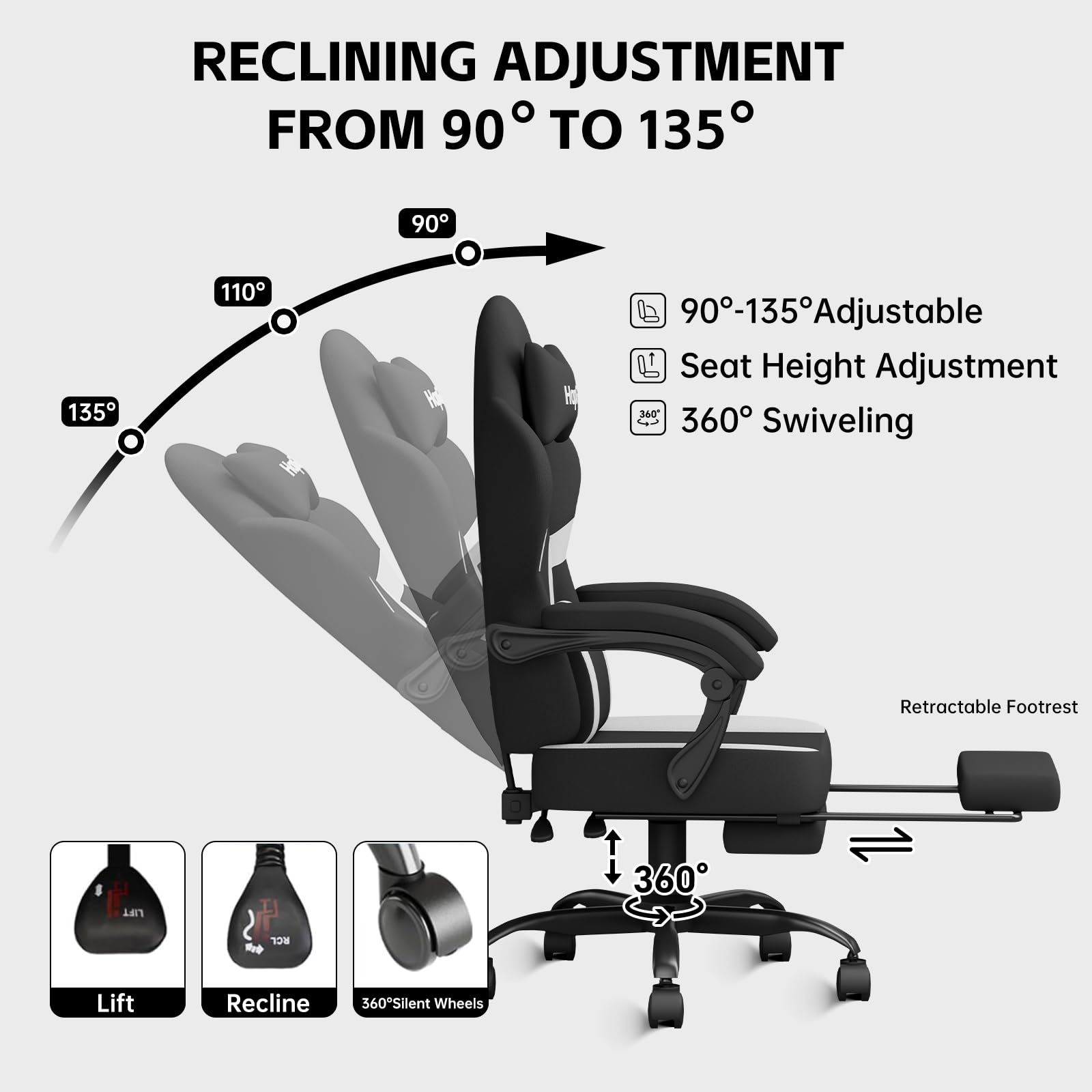 HapGIFT Ergonomic Gaming Chair with Massage Lumbar Support & Footrest - Adjustable High Back Office Computer Chair with Headrest - Breathable Technical Fabric for Adults (Black-White) - Perfect for PC Gaming, Home Office & Streaming Setup