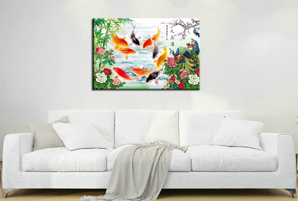 HYLOVE FISH Art - Chinese Style Feng Shui Koi Fish & Peacock Bamboo Painting, Stretched Canvas Wall Art Home Decor (24x16 Inch) - Perfect for Living Room, Bedroom, Office & Zen Meditation Space