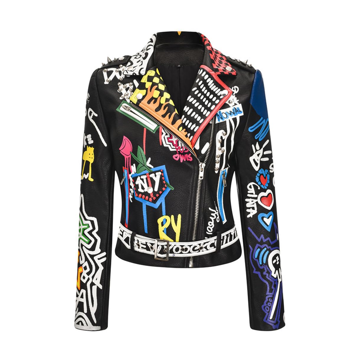 LRX Women's Faux Leather Jacket - Punk Style Cartoon Print Moto Coat with Studded Badge & Graffiti Design | Perfect for Biker, Concert, Halloween & Streetwear Fashion