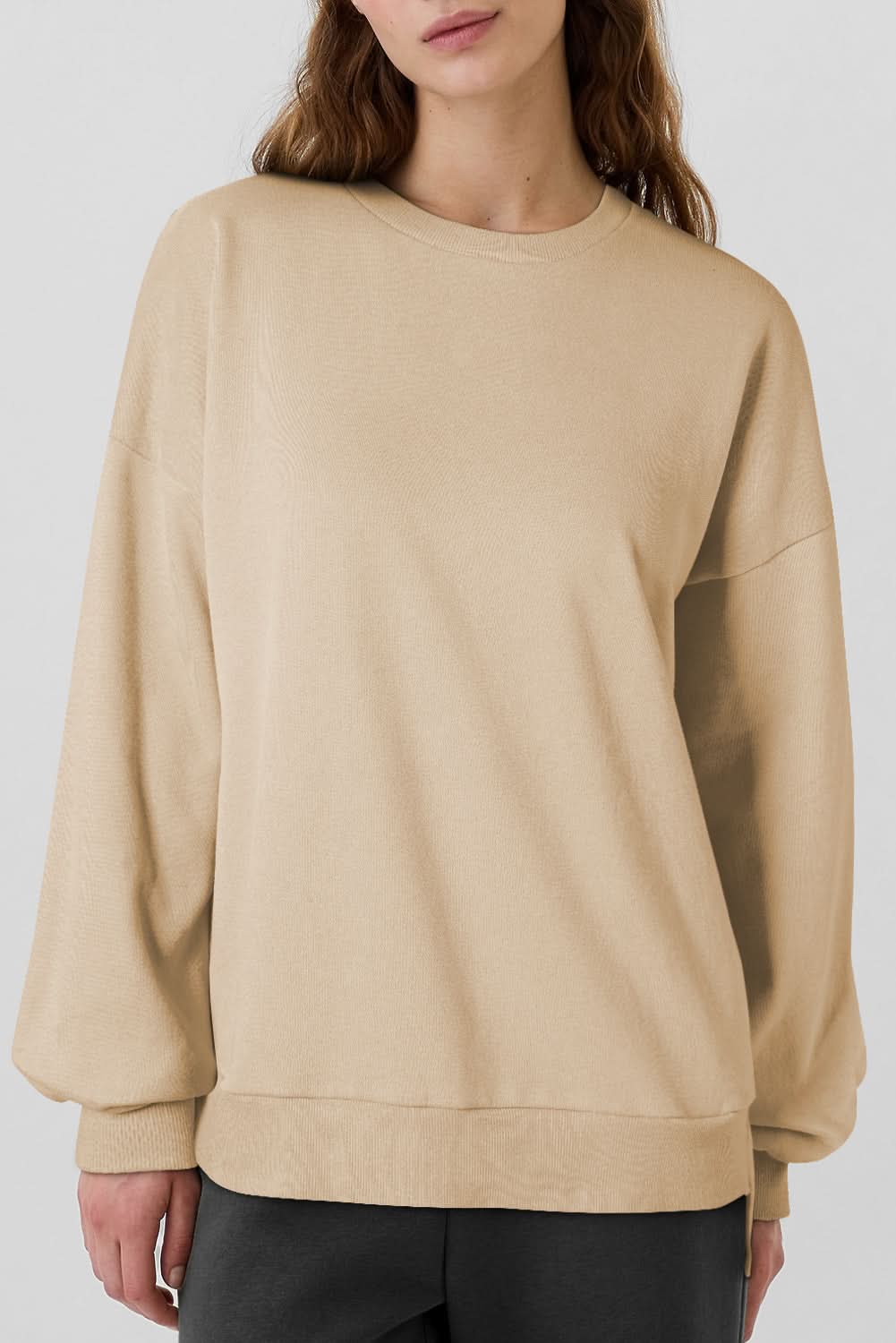 Apricot Solid Fleece Lined Drop Shoulder High Low Sweatshirt for Women - Cozy Oversized Pullover for Casual Wear, Street Style & Loungewear