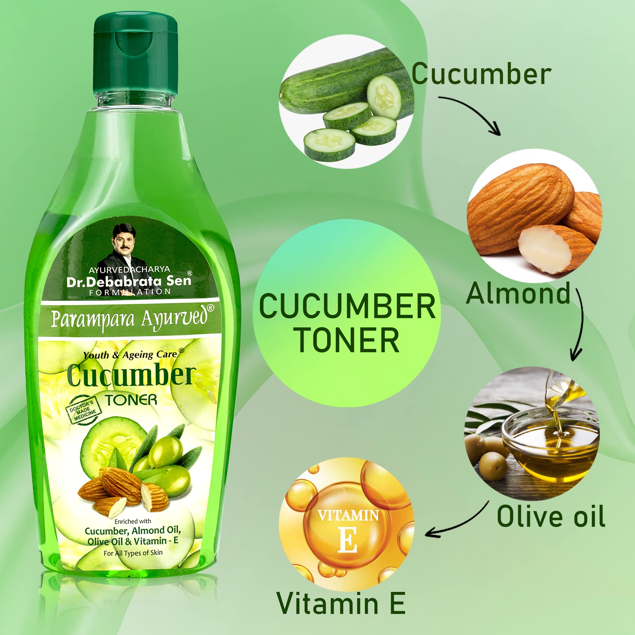 Parampara Ayurvedic Cucumber Toner with Vitamin E, Almond Oil & Olive Oil | Hydrating, Anti-Pigmentation, Pore Tightening & Acne Treatment | Deep Cleanser for Clear Skin | Sun Damage Repair & Skin Refreshment | 250ml | Perfect for Daily Skincare Routine & Post-Sun Care