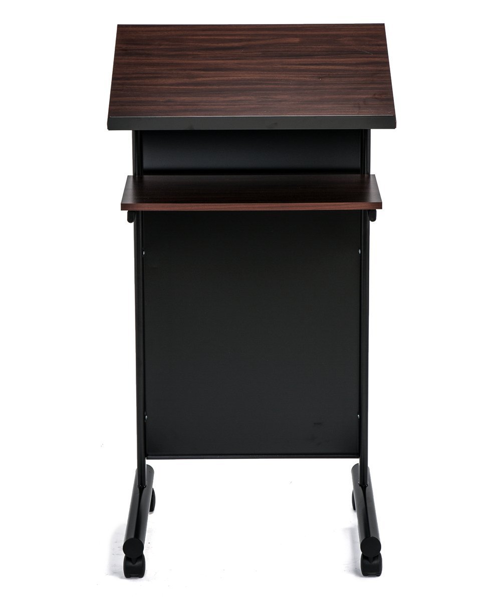 Professional Wheeled Lectern Podium with Storage Shelf - Adjustable Standing Desk for Presentations & Laptop Use - Cherry/Black Finish - Perfect for Conference Rooms, Classrooms & Home Offices