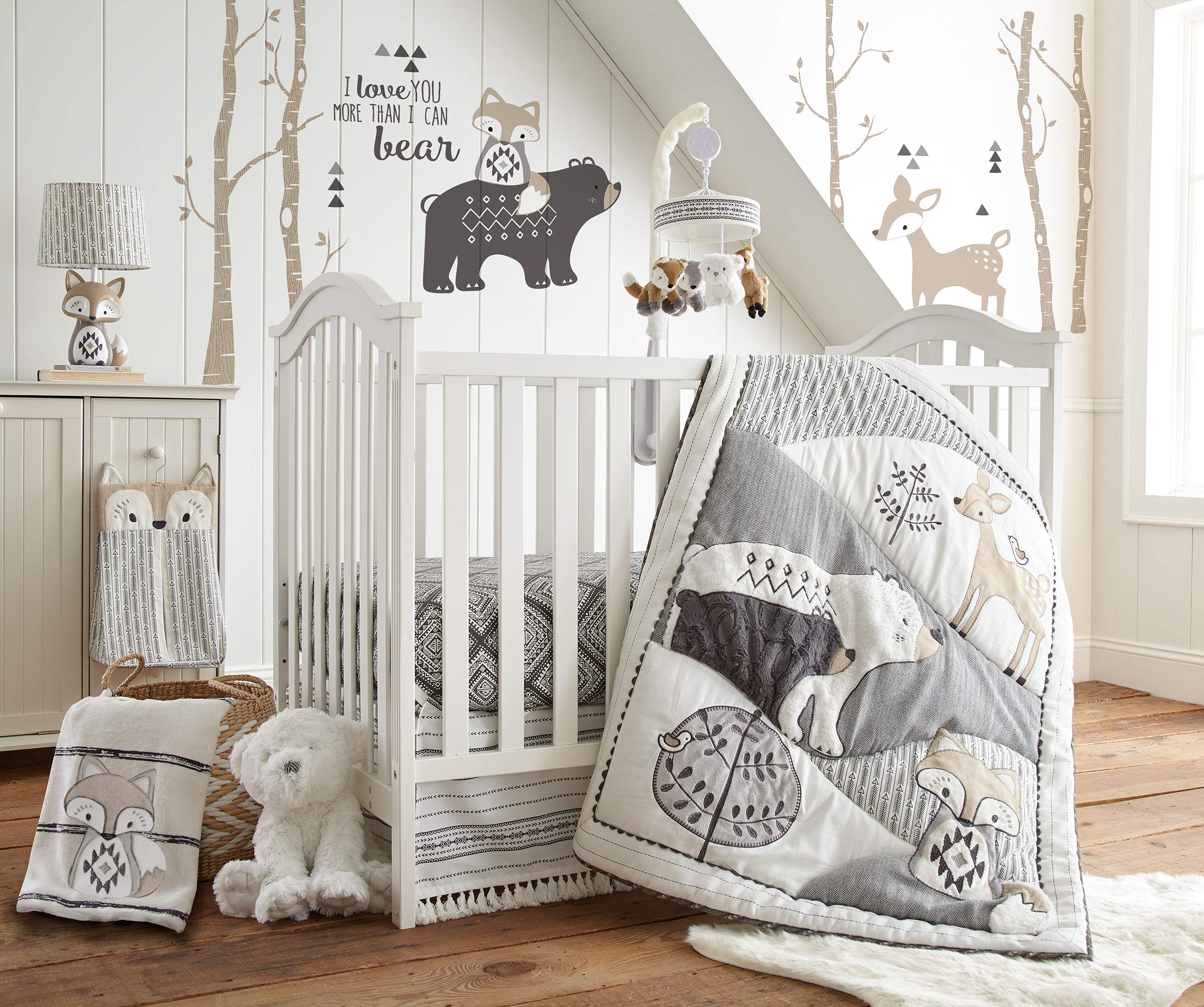 Levtex Baby Bailey 5-Piece Neutral Forest Crib Bedding Set - Charcoal, Taupe & White Nursery Collection with Quilt, Fitted Sheet, Diaper Stacker, Wall Decal & Dust Ruffle - Perfect for Gender-Neutral Nursery Decor & Baby Shower Gifts