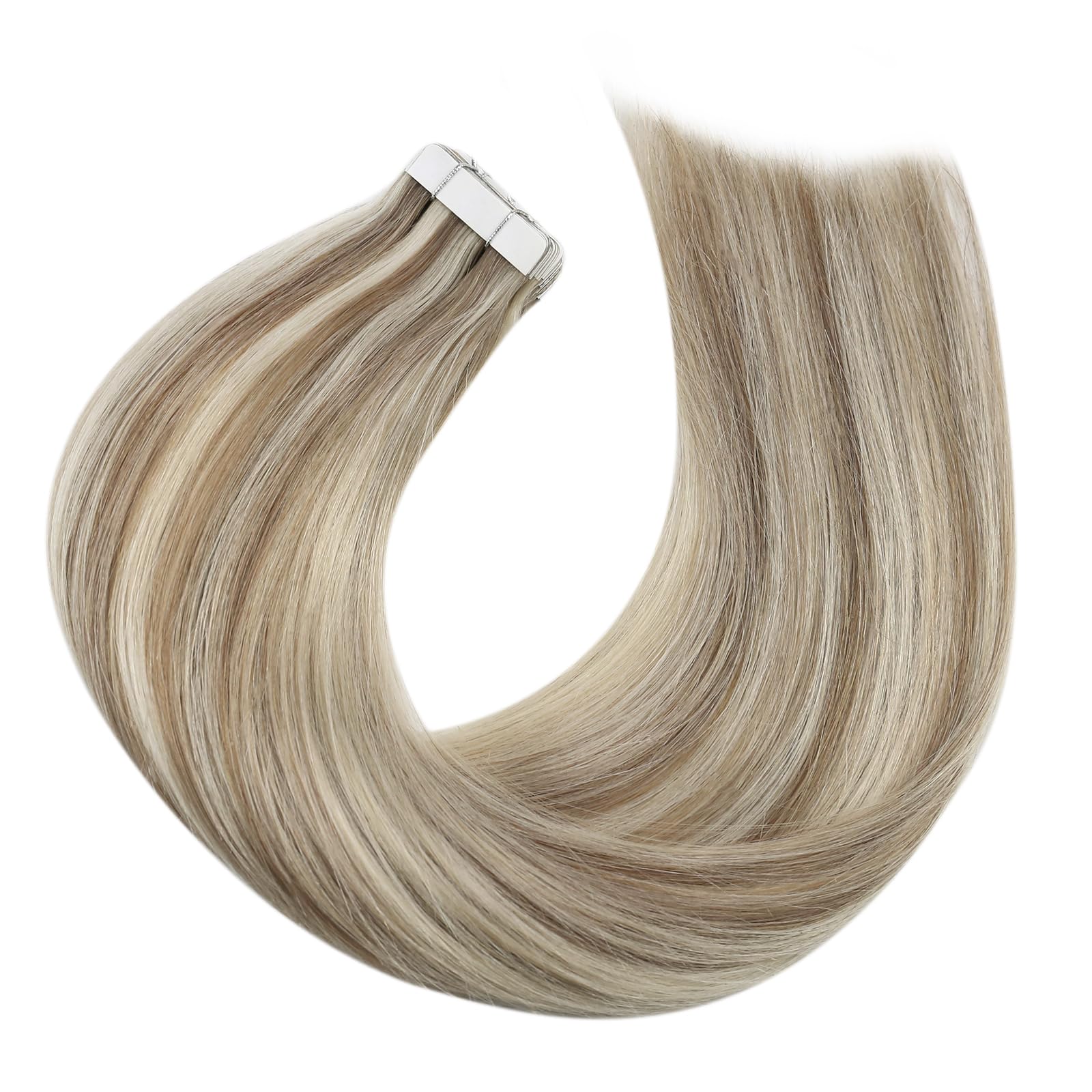 Premium Moresoo Tape-in Hair Extensions 12 Inch 40Pcs (60g) - 100% Human Hair in #9A Light Brown with Platinum Blonde Highlights | Short Hair Extensions for Volume & Length | Perfect for Parties, Weddings & Daily Styling