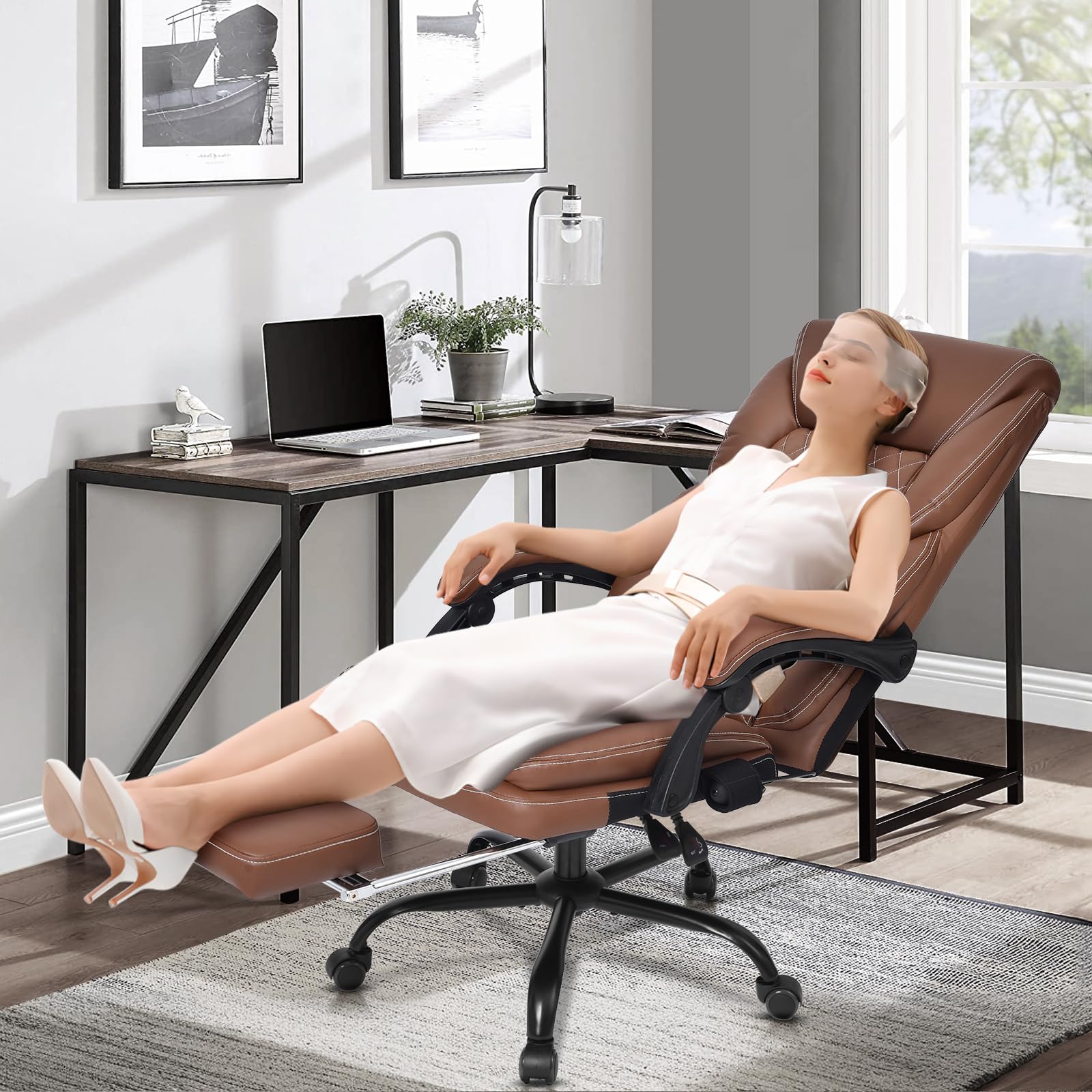 Big and Tall Ergonomic Office Chair with Footrest - High Back Reclining Leather Computer Gaming Chair with Lumbar Support for Home & Office (Brown) | Perfect for Long Work Hours, Gaming Sessions & Remote Work Comfort