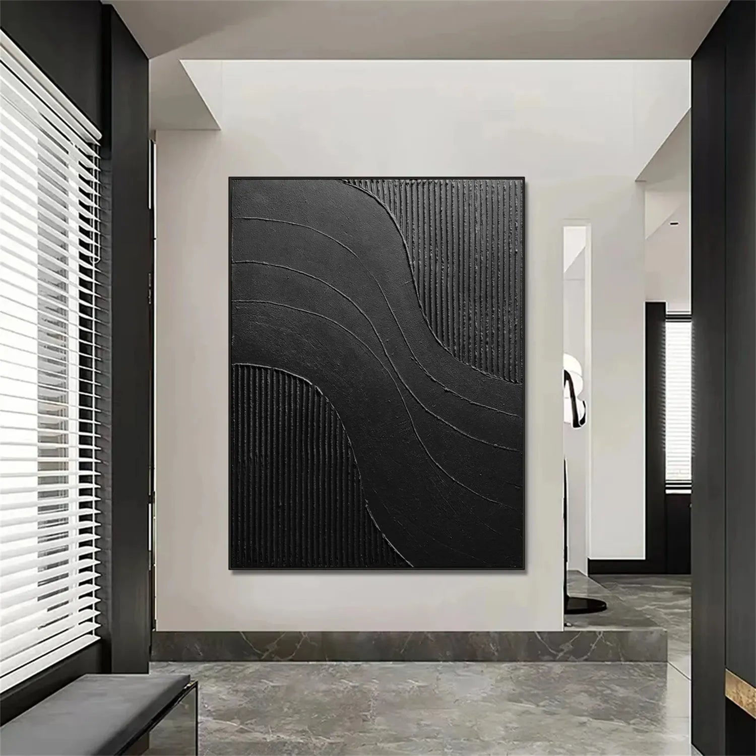Black Minimalist Textured Painting Canvas #MZ104 - Modern Abstract Wall Art for Living Room, Bedroom & Office Decor