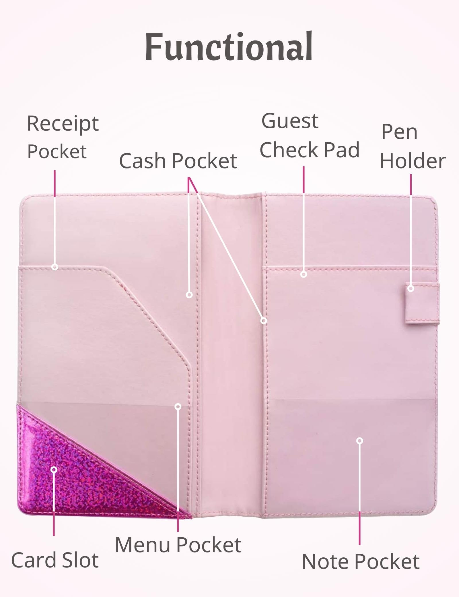 Mymazn Holographic Glitter Waiter Book - Restaurant Guest Check Organizer for Waitstaff (Glitter Purple) - Perfect for Servers, Bartenders & Hospitality Professionals