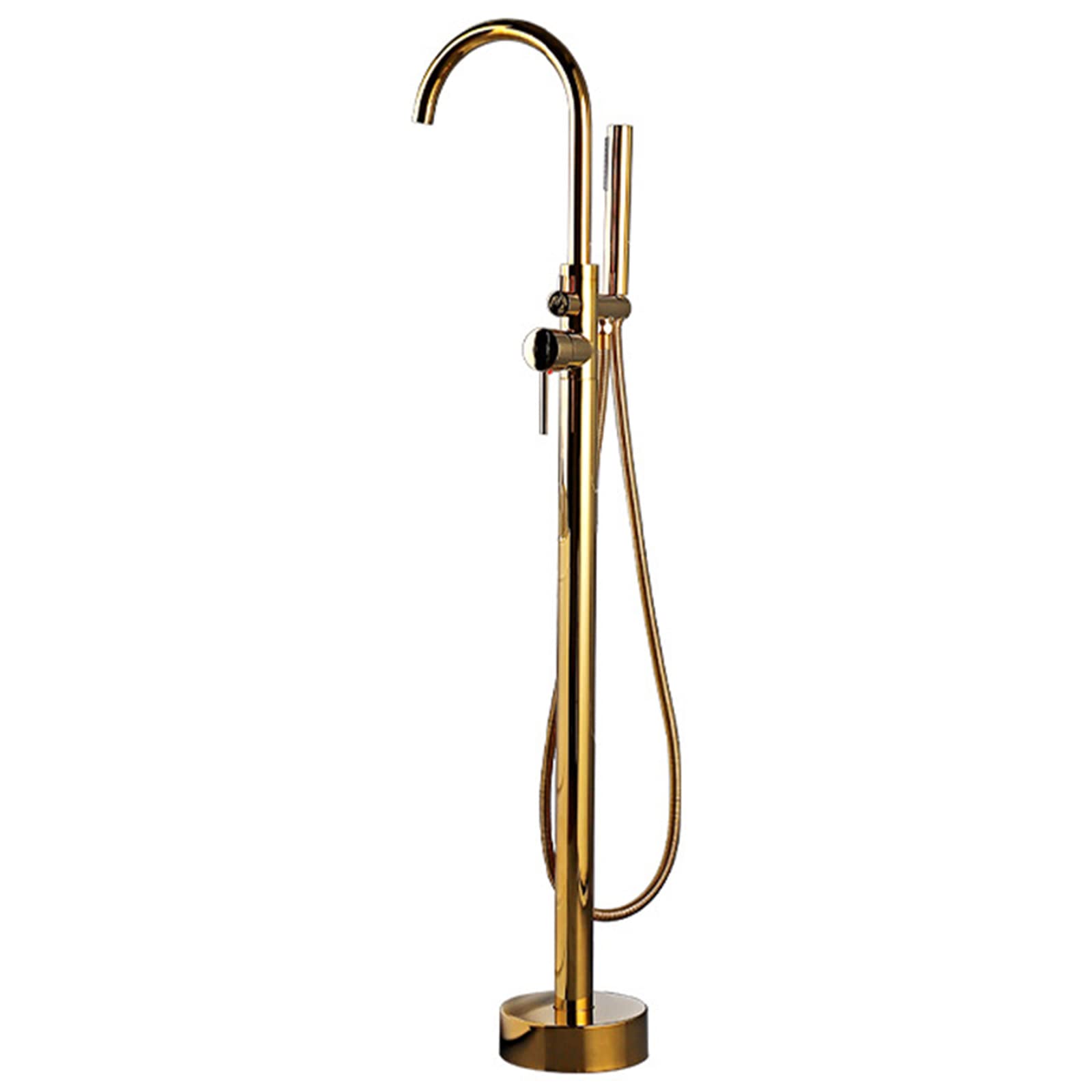 Freestanding Bathtub Faucet with Hand Shower - Brass Floor Standing Tub Filler, Double Handle Hot & Cold Water Mixer Tap, Swivel Spout, Gold Finish - Perfect for Modern Bathroom & Spa Relaxation