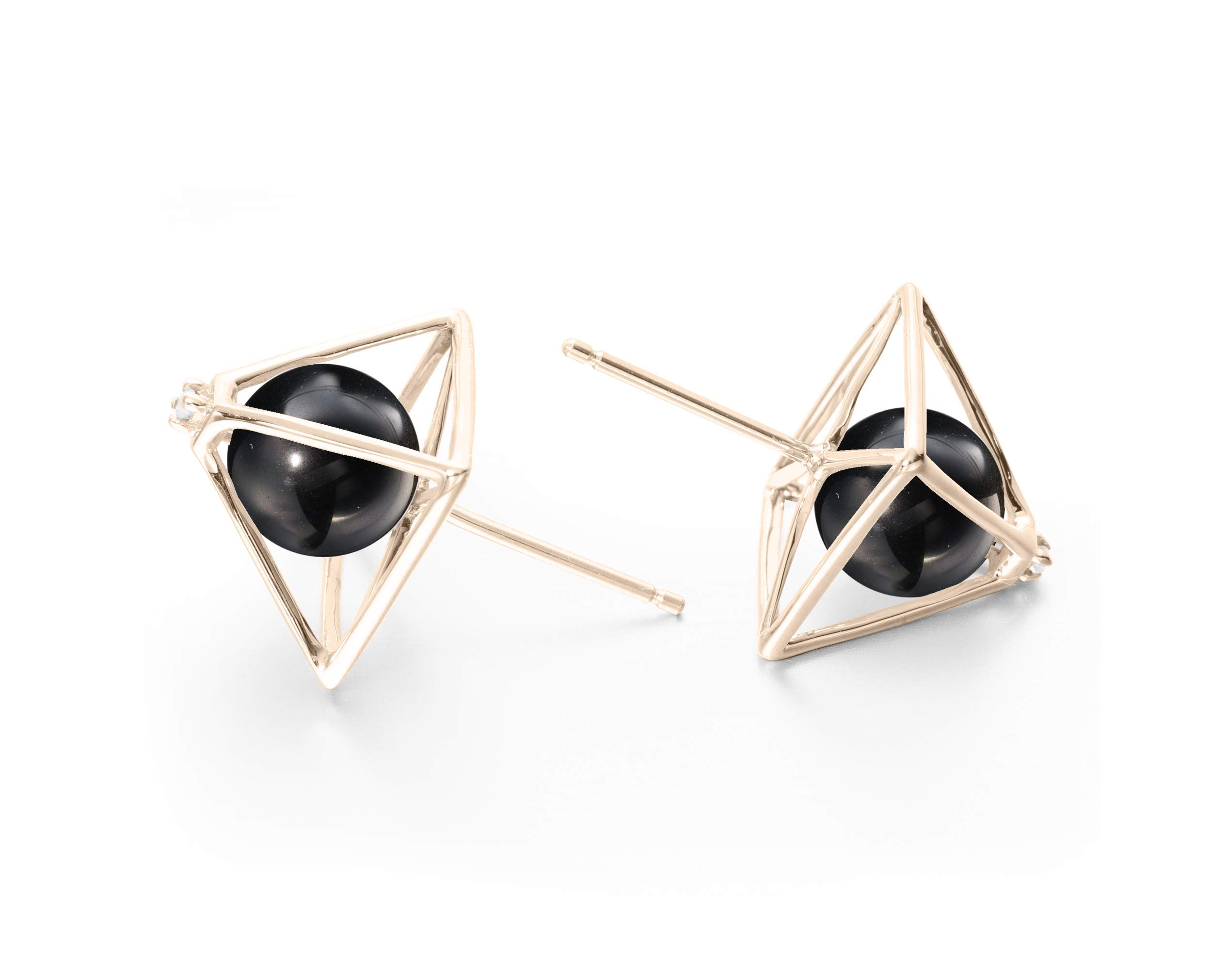 Majade Black Tourmaline Earrings - 14K Yellow Gold Handmade Geometric Pyramid Stud Earrings with Diamond Accents | Perfect for Gift Giving, Weddings & Everyday Elegance
