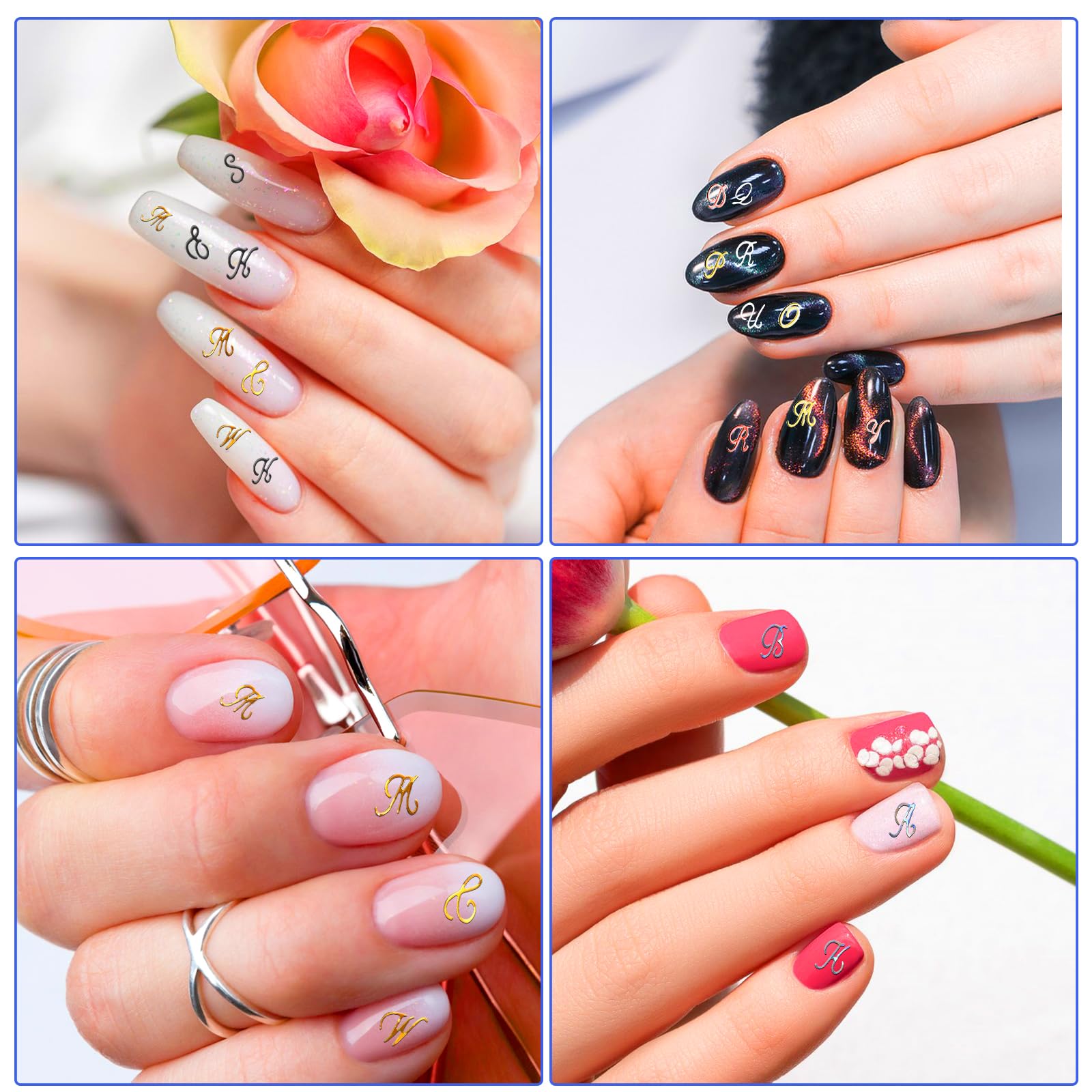 14 Sheets 3D Self-Adhesive Nail Letter Stickers - Black White Gold Silver Old English Alphabet Nail Art Decals for Women & Girls | DIY Manicure Accessories for Parties, Weddings, and Special Occasions