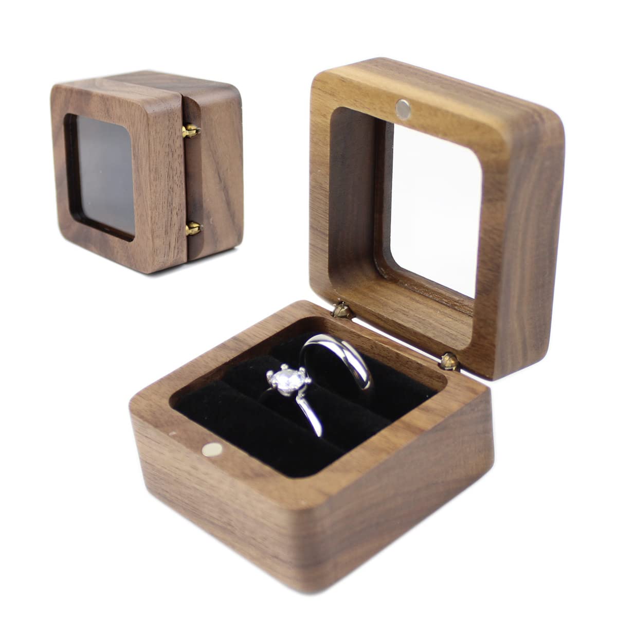 Rustic Square Wooden Jewelry Ring Box with Clear Lid - Engagement Wedding Ring Holder for Couples (2 Slots, Black Velvet) - Perfect for Proposals, Anniversaries & Gift Giving