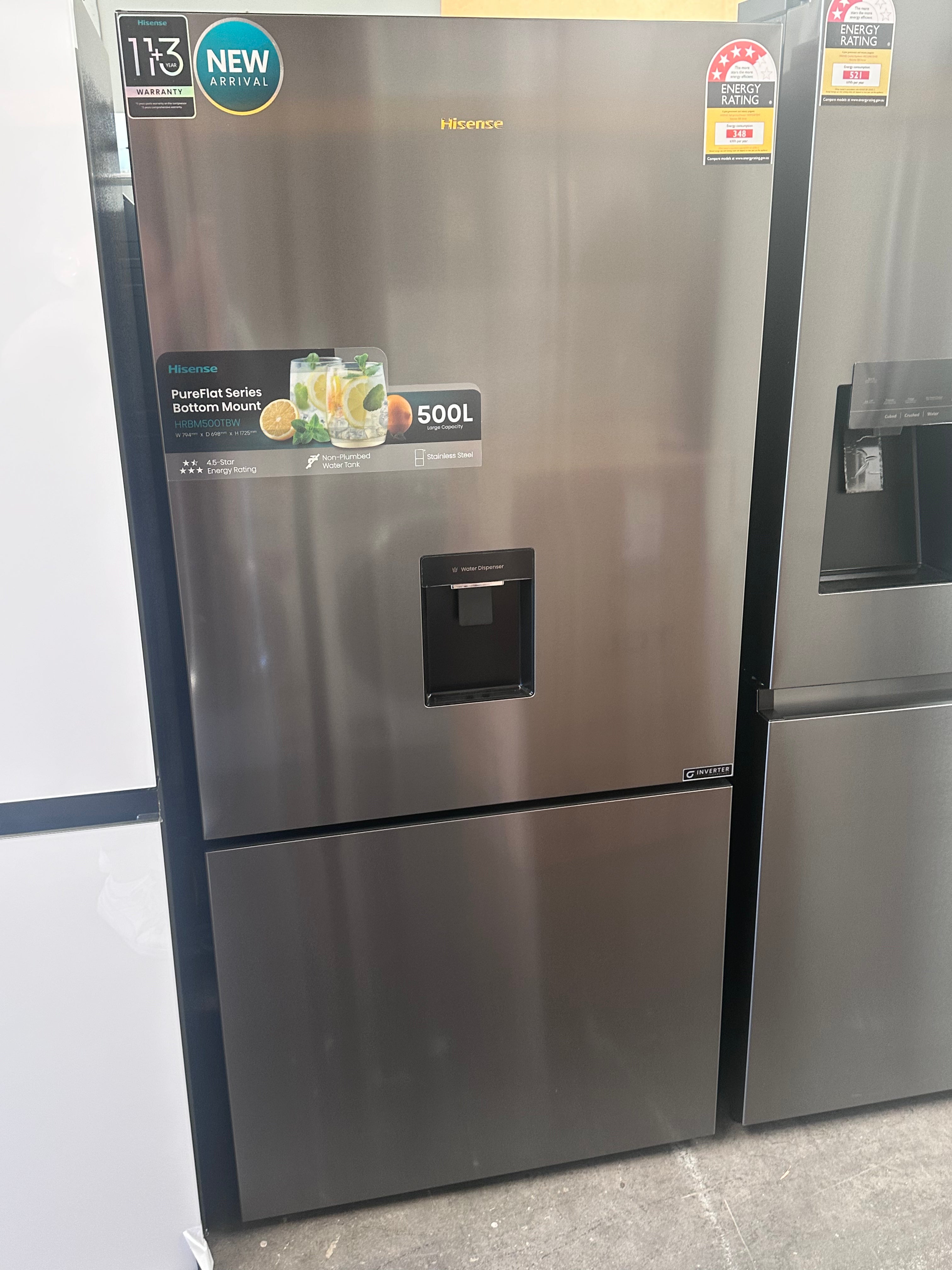 Brand New Hisense 500L PureFlat Bottom Mount Refrigerator with Non-Plumbed Water Dispenser - Dark Stainless Steel HRBM500TBW [3 Year Warranty] - Perfect for Modern Kitchens, Small Families & Energy-Efficient Homes