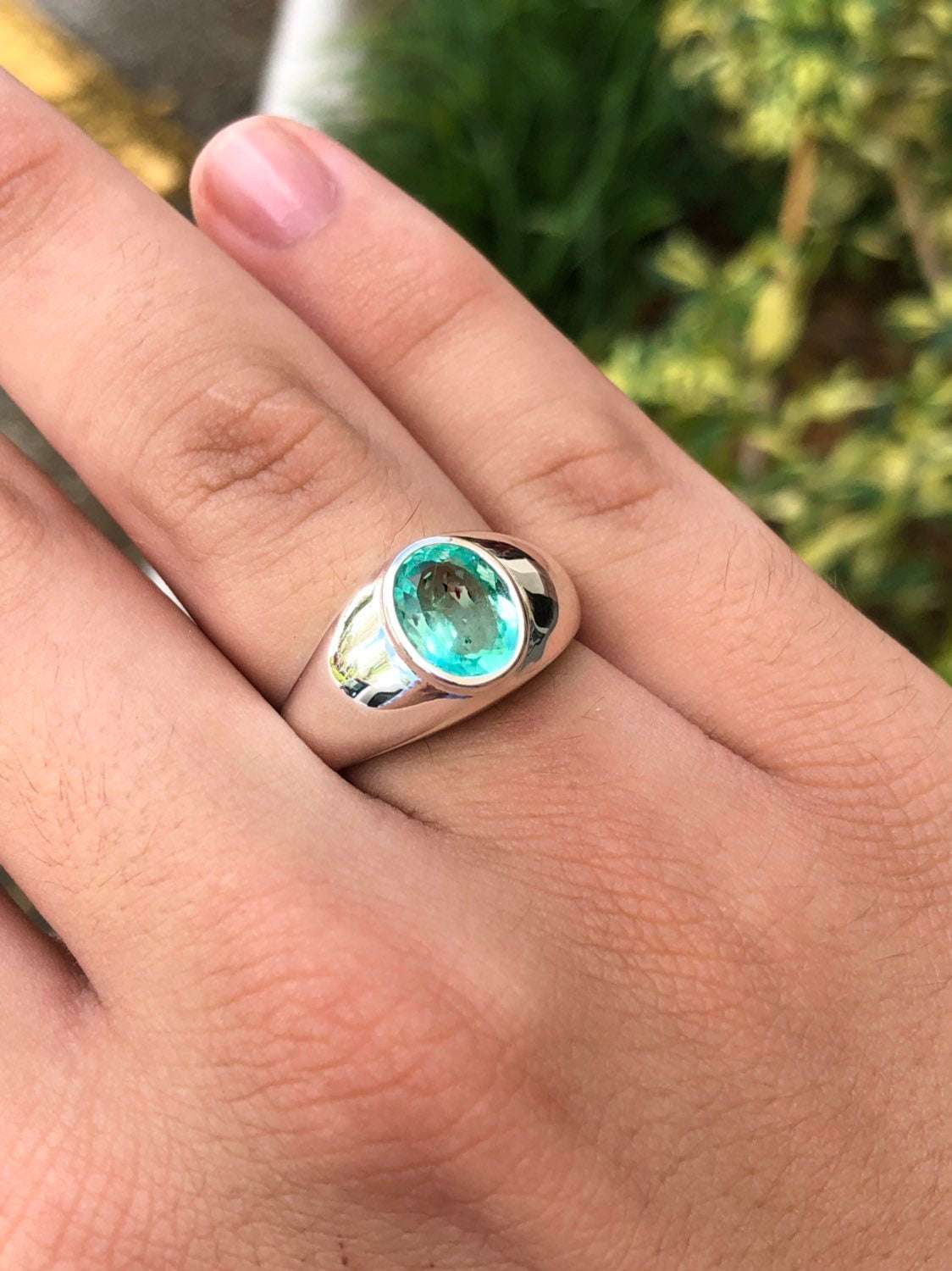 1.85 Carat Genuine Emerald Men's Solitaire Oval Signet Ring in Sterling Silver Bezel Setting - Perfect for Weddings, Engagements & Special Occasions