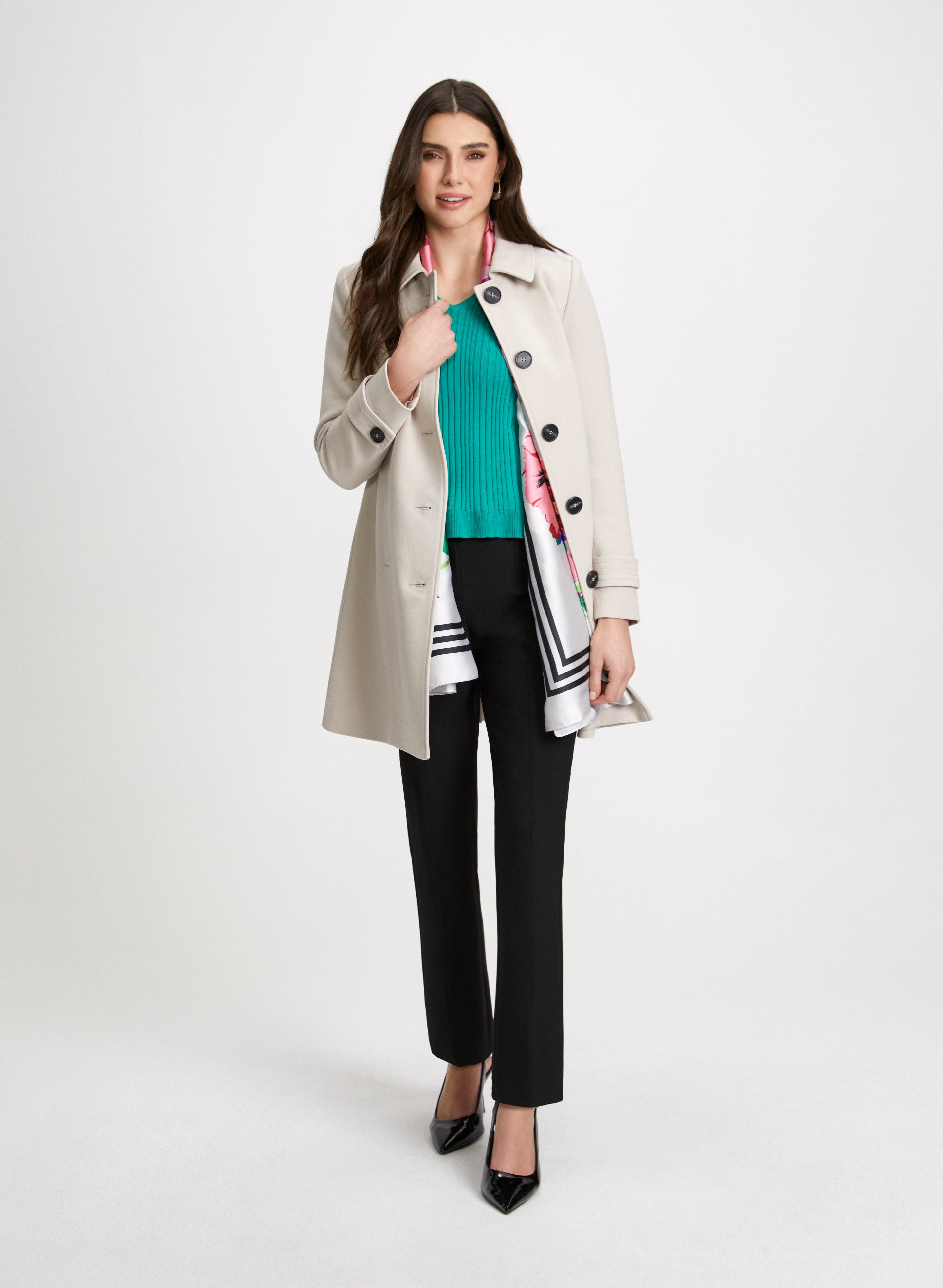 Button Front Tricotine Coat & Straight Leg Pants Set - Women's Business Casual Outfit for Office, Meetings and Professional Events