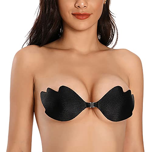 **Women's Sexy Brushed Leaf Chest Stickers - Front Buckle Waterproof Silicone Bra - Wireless Stick-On Bras for Women (Black, Large) - Perfect for Backless Dresses, Swimwear & Special Occasions**