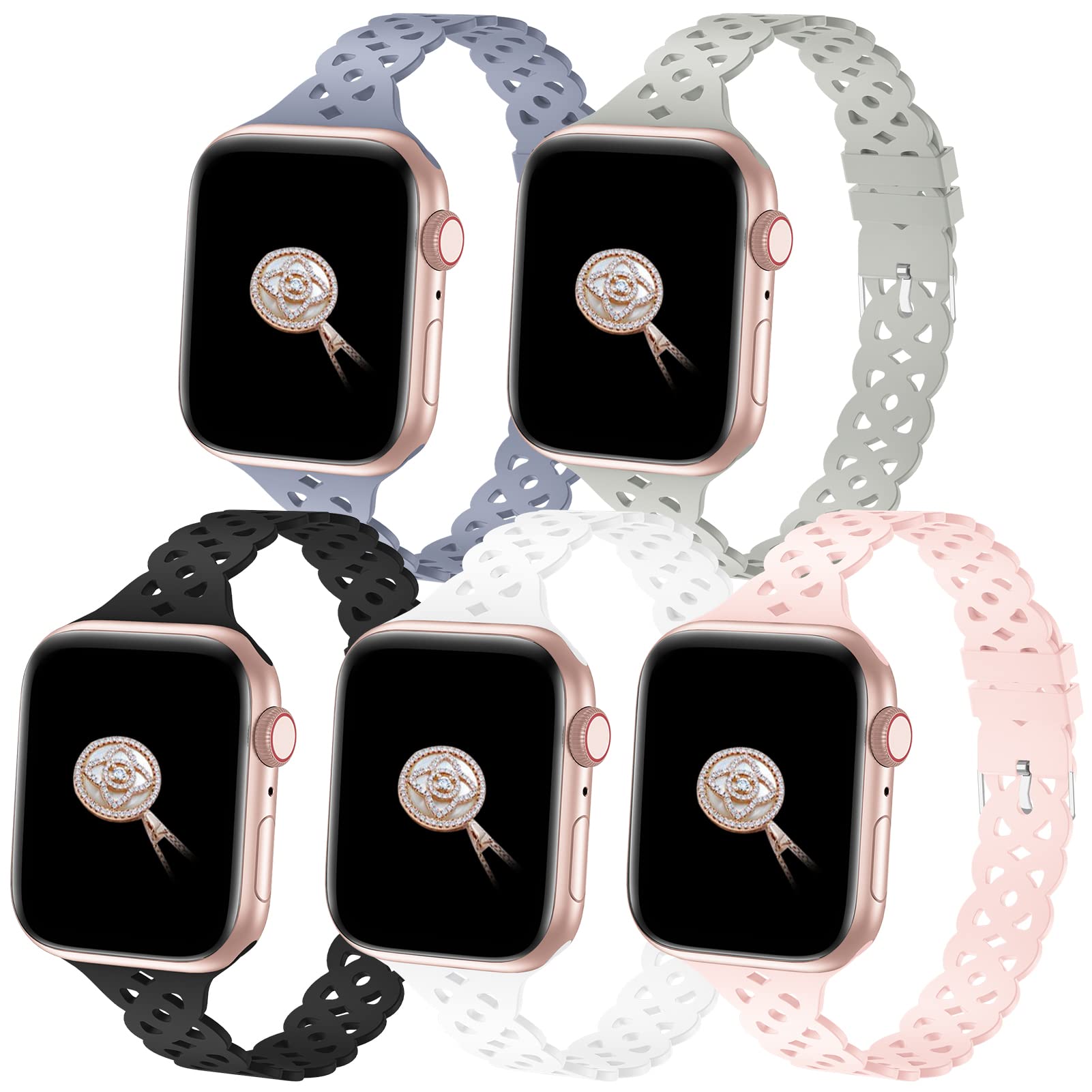 5 Pack Lace Silicone Bands for Apple Watch 38mm 40mm 41mm 42mm 44mm 45mm 49mm - Slim Breathable Sport Replacement Wristbands Compatible with iWatch Series 8/7/6/5/4/3/2/1/SE/Ultra - Perfect for Women's Workout, Running & Daily Wear