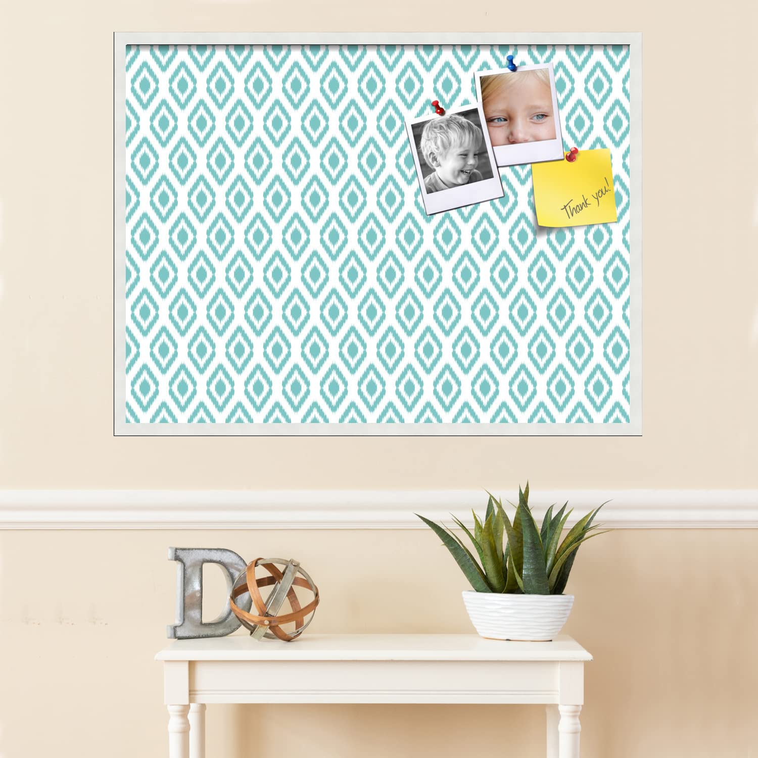 PinPix 40x30 Inch Cork Bulletin Board with Ikat Aqua Design & Satin White Frame - Stylish Decorative Pin Board for Home Office Decor, School Classroom, Dorm Room Organization & Message Display