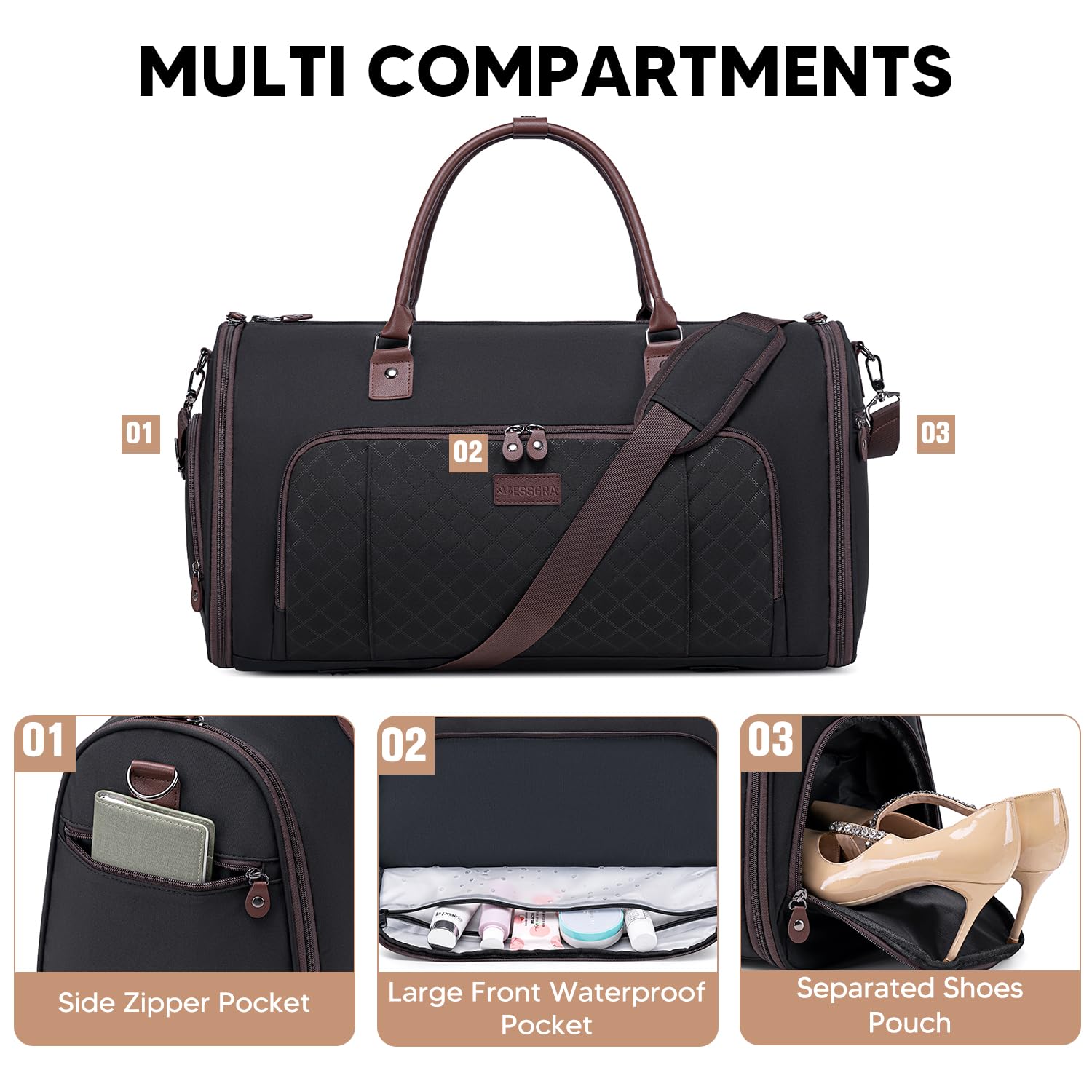 2-in-1 Convertible Travel Garment Bag with Detachable Shoulder Strap & Shoe Compartment - Waterproof Carry On Duffle for Business Trips, Weddings & Formal Events (Black) - Perfect for Air Travel, Office Commute & Weekend Getaways