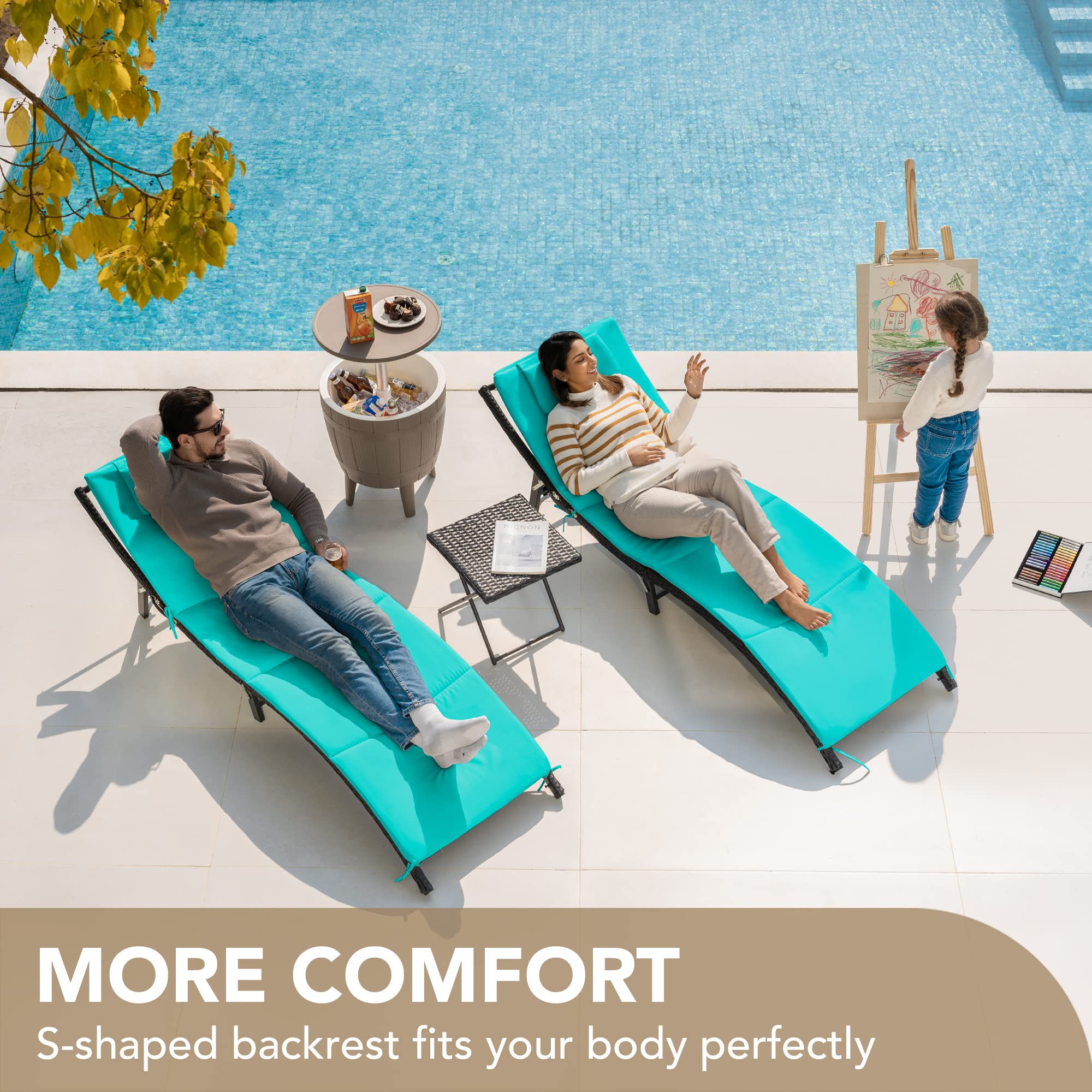 Devoko 3-Piece Outdoor Patio Chaise Lounge Set with Adjustable Back & Cushions - Rattan Folding Chaise Lounge with Side Table (Blue) - Perfect for Poolside, Garden, Backyard Relaxation & Sunbathing