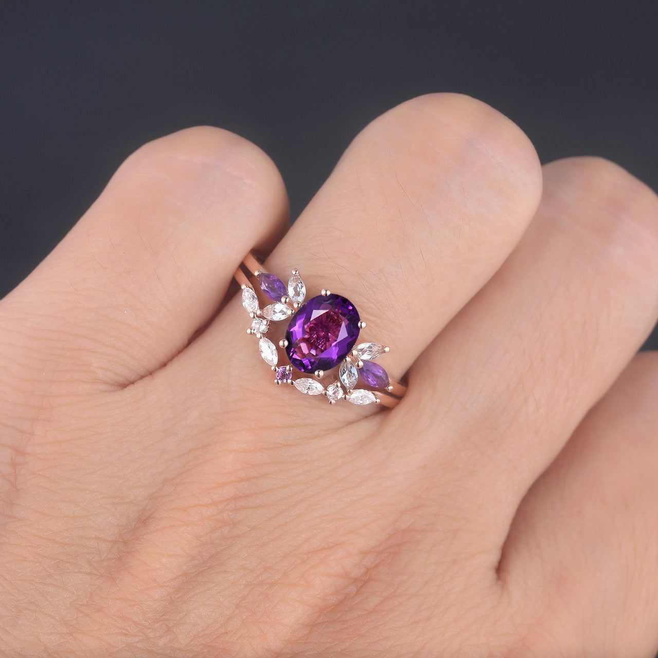 1.5 Carat Oval Cut Amethyst & Moissanite Art Deco Engagement Ring Wedding Band with Butterfly Design - Perfect for Proposals, Anniversaries & Vintage-Inspired Bridal Jewelry