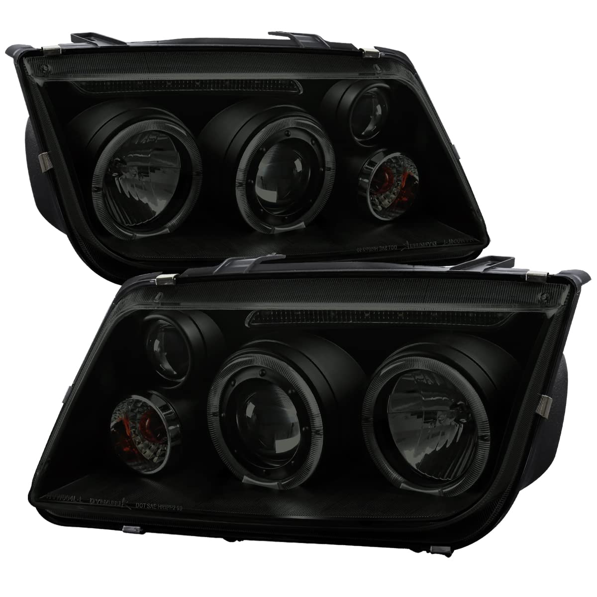 99-05 LED Halo Black Projector Headlights with Smoke Lens & Fog Lights - Upgrade Your Car's Style & Visibility for Night Driving
