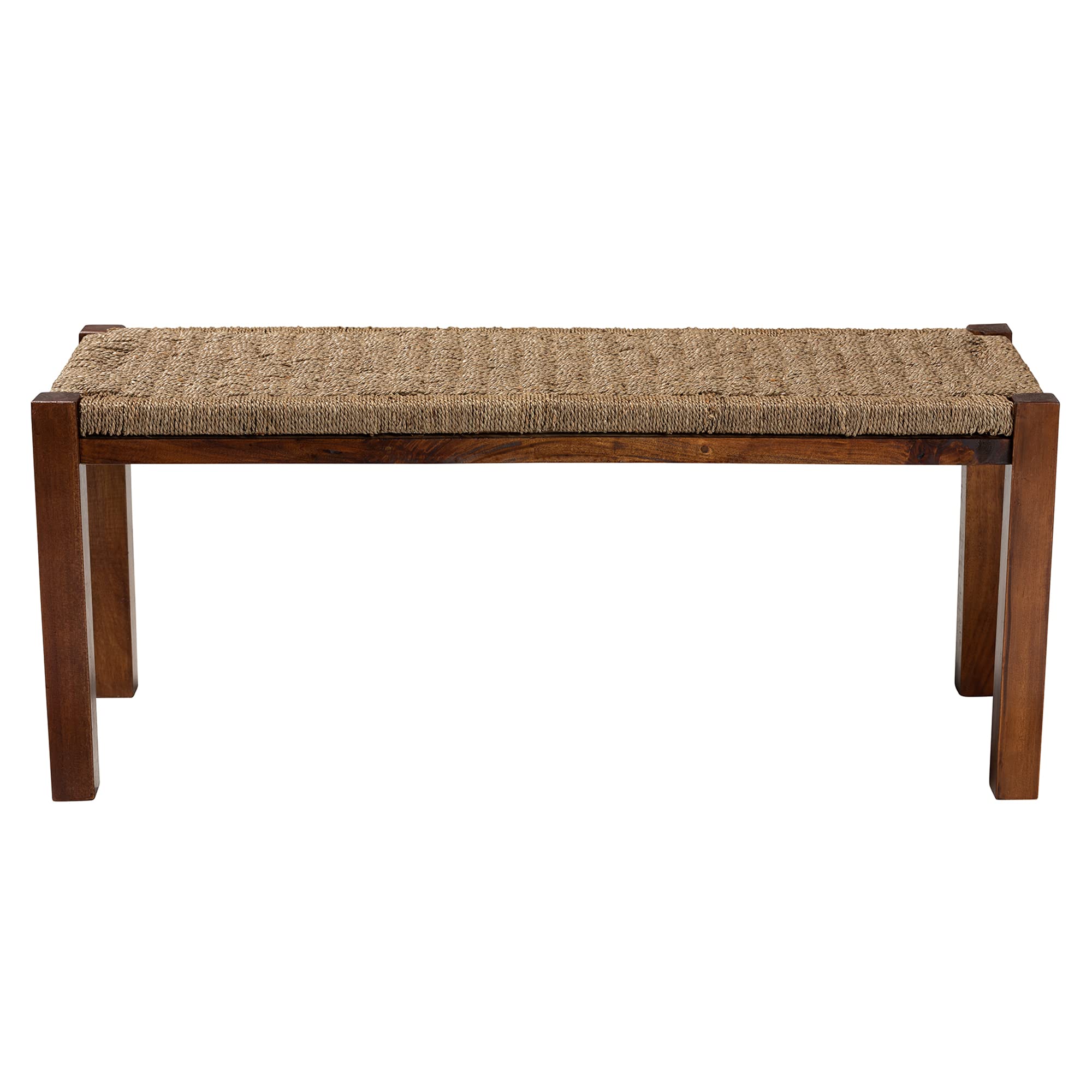 Bali & Pari Hermes Woven Seagrass Accent Bench - Natural Walnut Brown - Handwoven Rattan Stool for Living Room, Bedroom, or Patio Decor